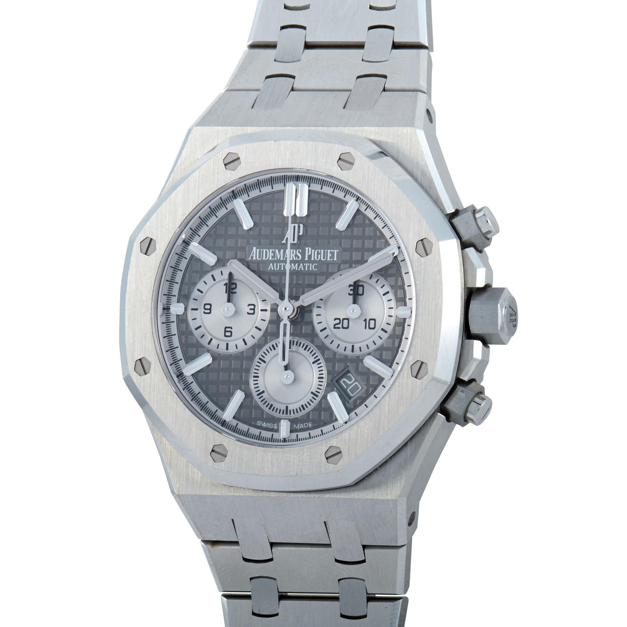 The Audemars Piguet Royal Oak Selfwinding Chronograph, reference number 26315ST.OO.1256ST.02, is a member of the iconic “Royal Oak” collection.

The watch boasts a stainless steel case that measures 38 mm in diameter. The case is presented on a