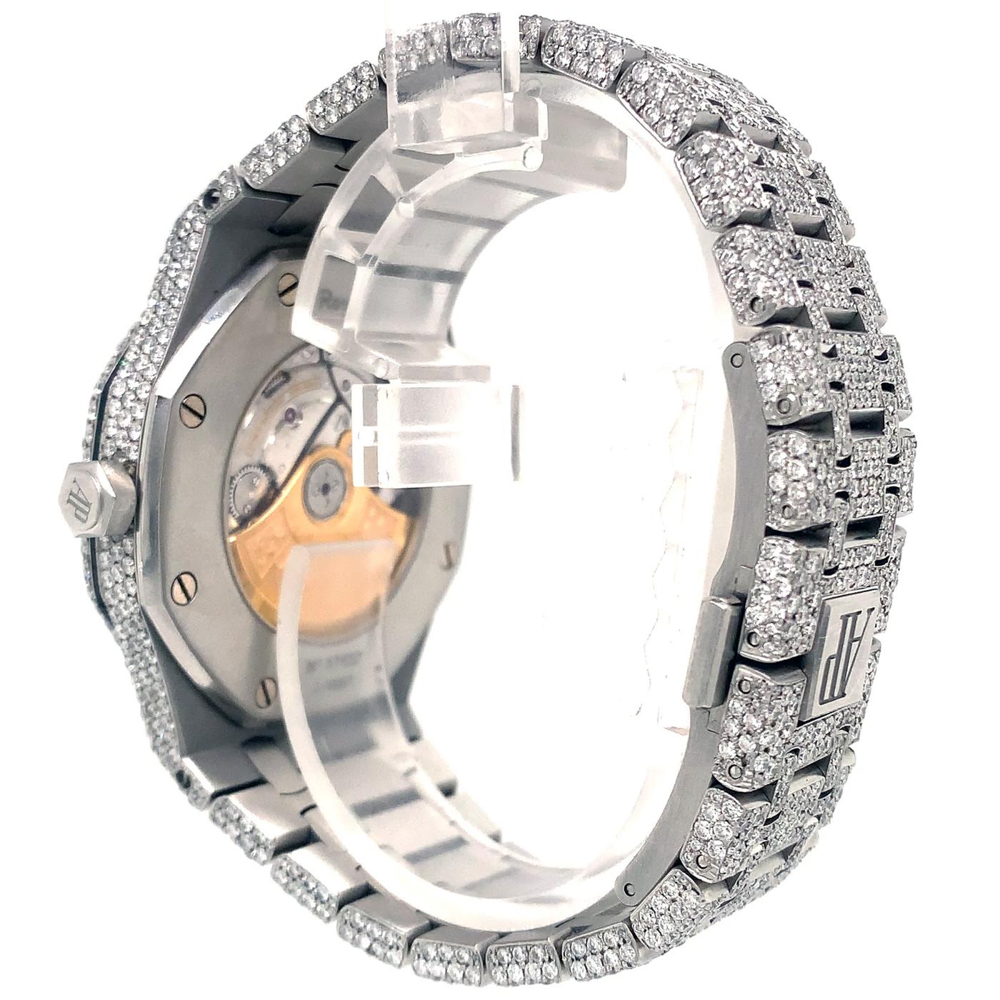 Round Cut Audemars Piguet Royal Oak Silver Iced Out Diamond Selfwinding Watch