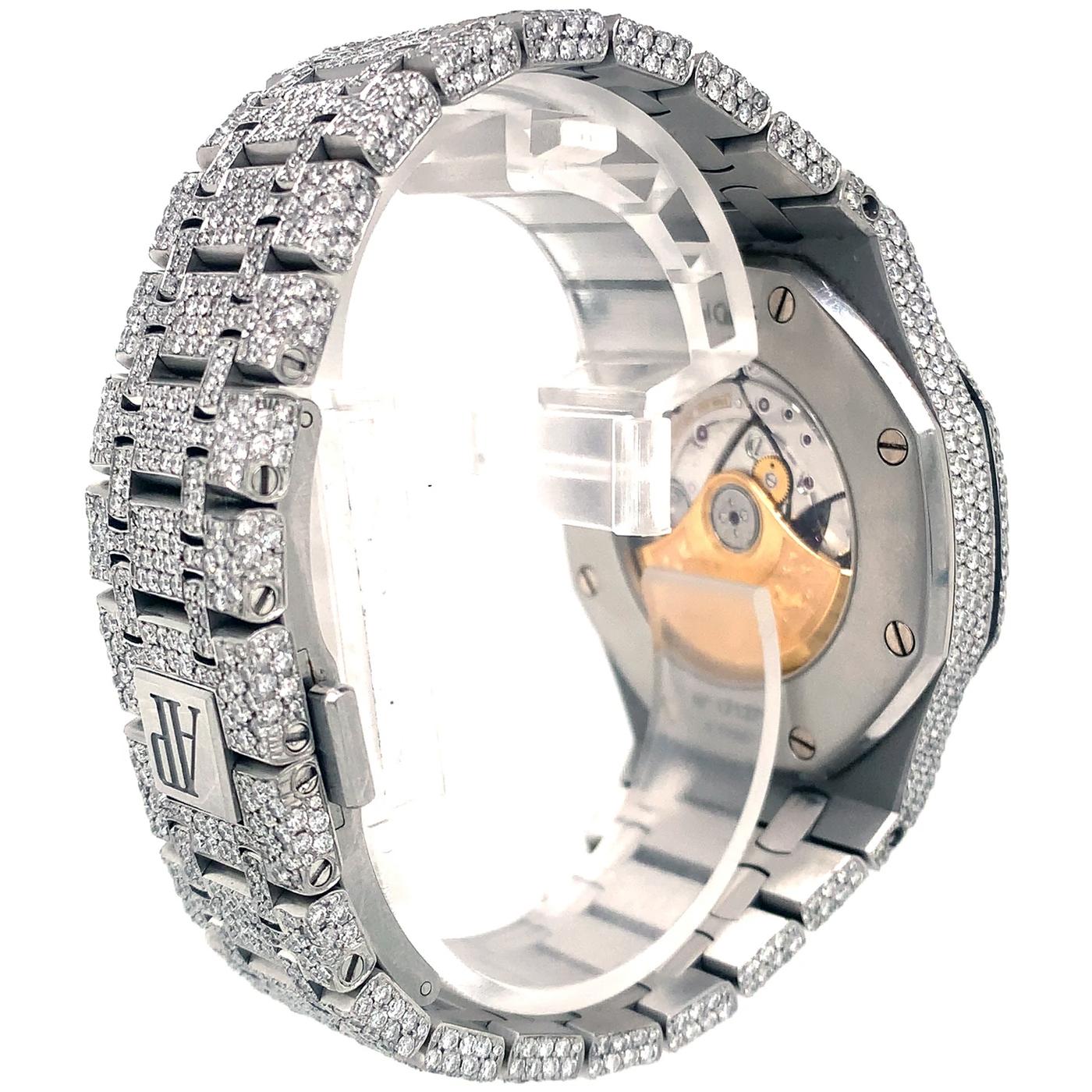 Audemars Piguet Royal Oak Silver Iced Out Diamond Selfwinding Watch In Excellent Condition In Aventura, FL