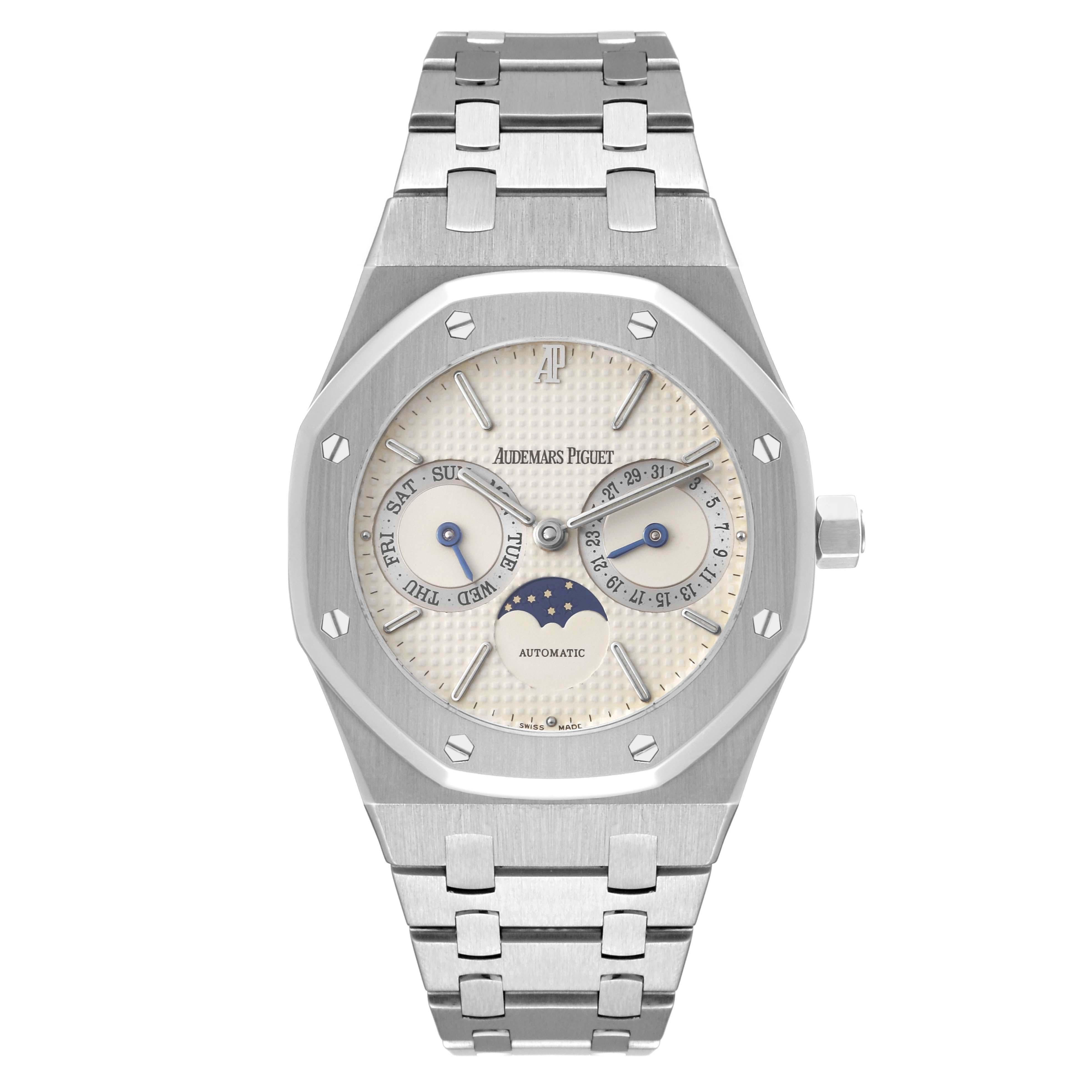 Audemars Piguet Royal Oak Steel Day Date Moonphase Mens Watch 25594ST. Automatic self-winding movement. Stainless steel case 36.0 mm in diameter. Stainless steel bezel punctuated with 8 signature screws. Scratch resistant sapphire crystal. White