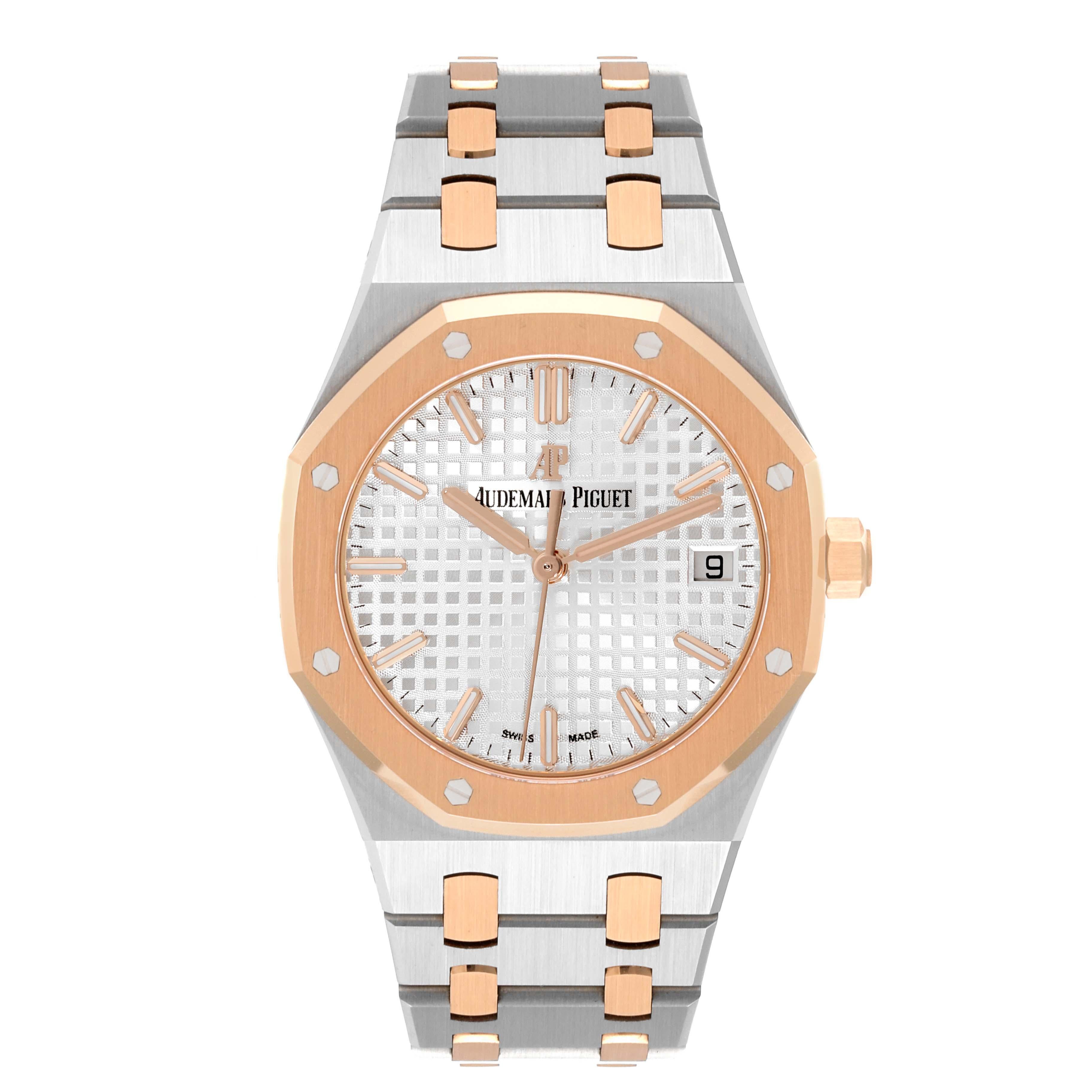 Audemars Piguet Royal Oak Steel Rose Gold Mens Watch 77350SR Card. Automatic self-winding movement. Stainless steel case 34.0 mm in diameter. Transparent exhibition sapphire crystal caseback. 18K rose gold bezel punctuated with 8 signature screws.