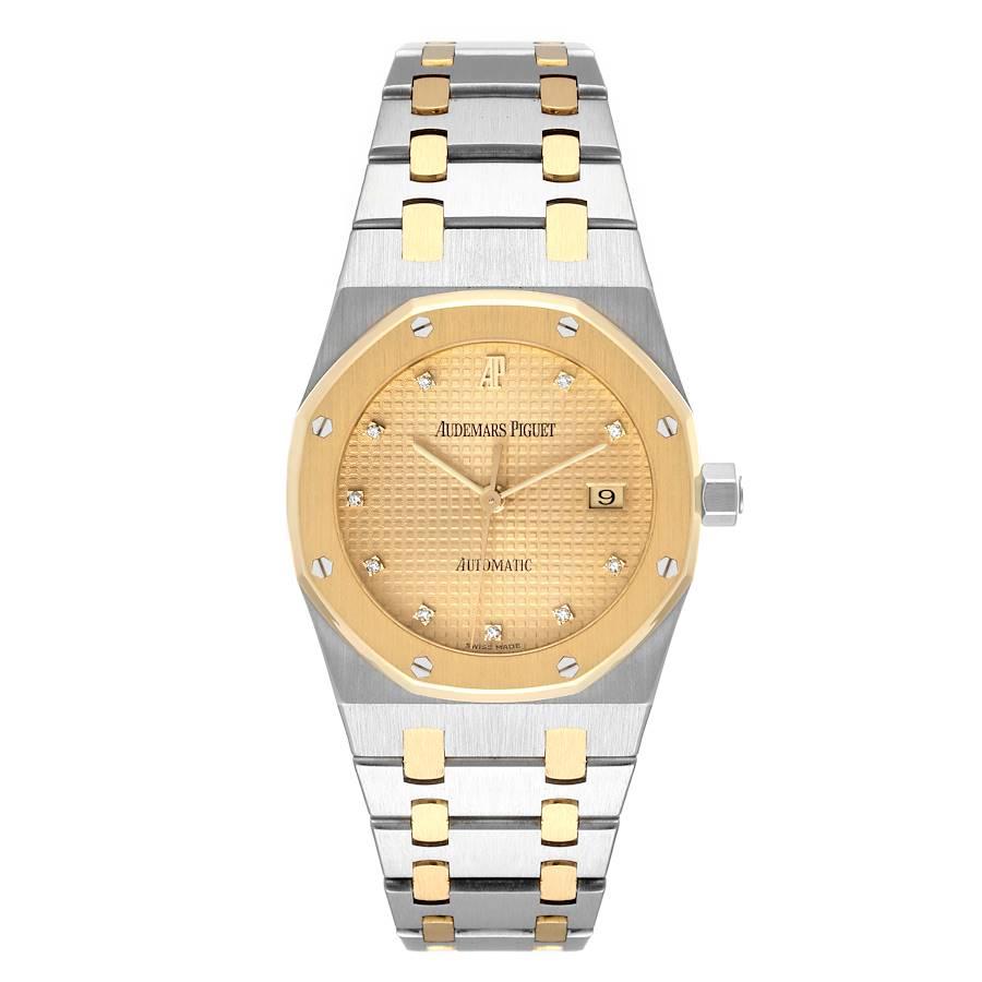 Audemars Piguet Royal Oak Steel Yellow Gold Diamond Watch 15000SA Box Papers. Automatic self-winding movement. Stainless steel case 33.0 mm in diameter. 18k yellow gold bezel punctuated with 8 signature screws. Scratch resistant sapphire crystal.