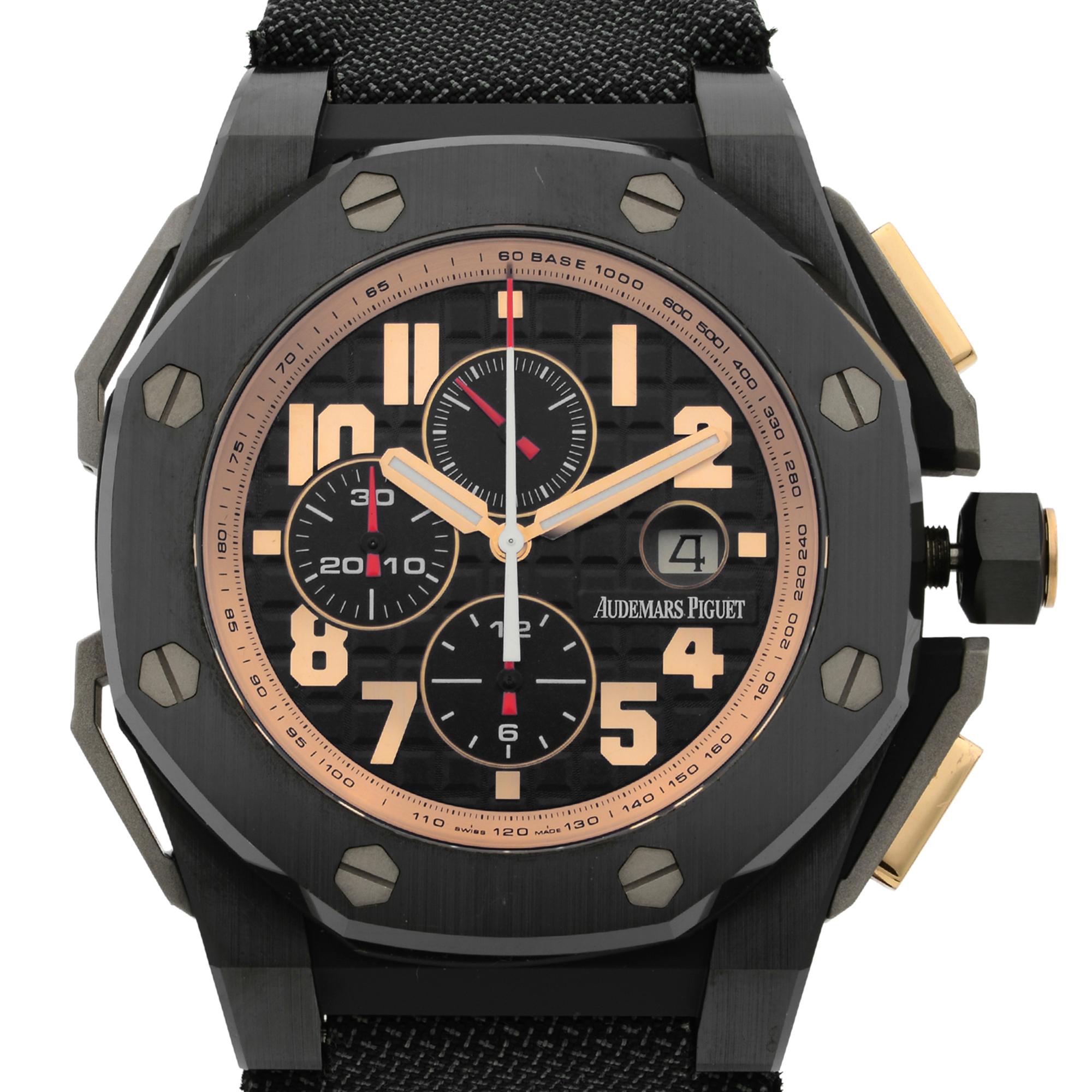 This pre-owned Audemars Piguet Royal Oak Offshore Arnold Schwarzenegger The Legacy 26378IO.OO.A001KE.01 is a beautiful men's timepiece that is powered by mechanical (hand-winding) movement which is cased in a ceramic case. It has a round shape face,