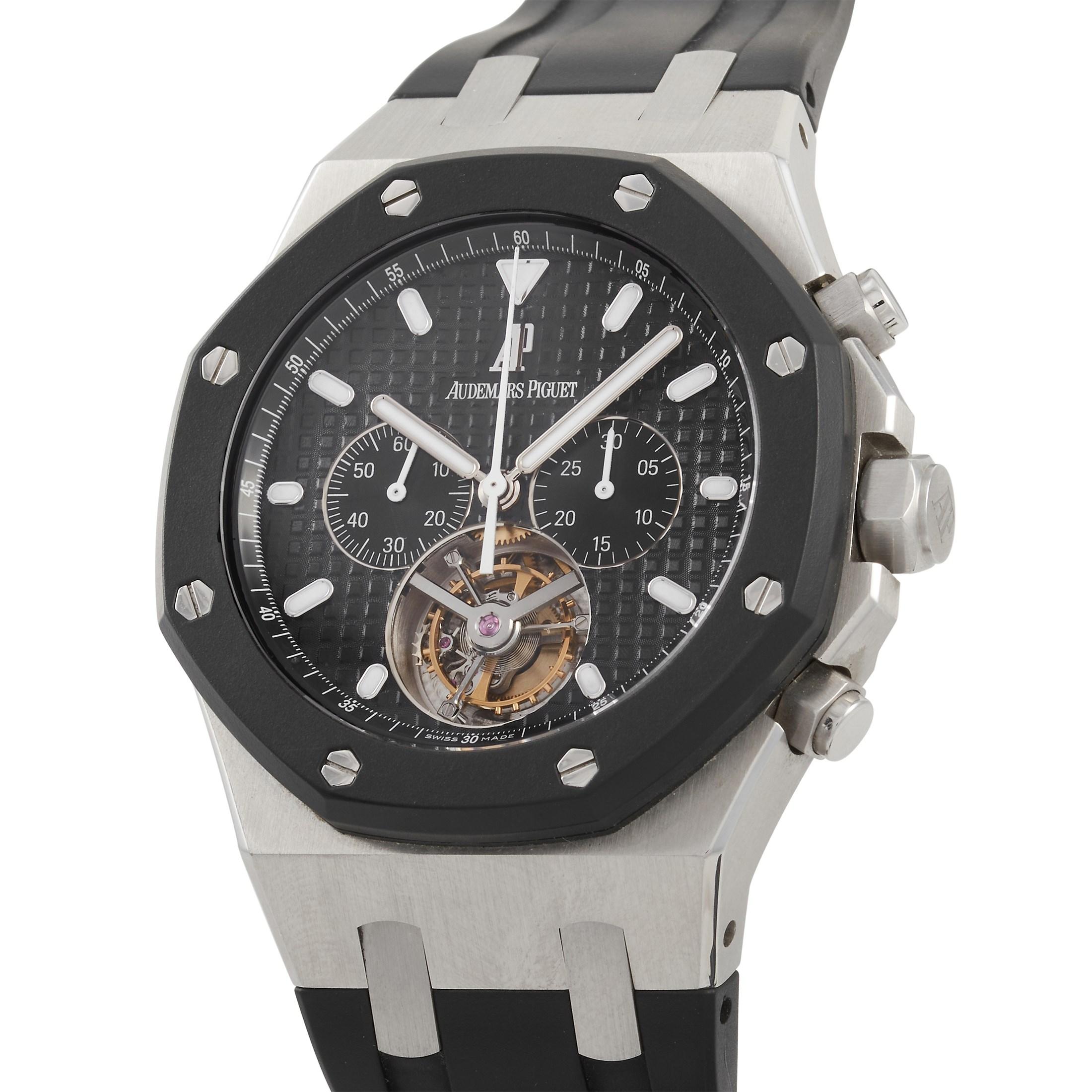 This Audemars Piguet Royal Oak Tourbillon Chronograph Stainless Steel 44 mm Watch, reference number 26377SK.OO.D002CA.01, features a stainless steel case measuring 44 mm in diameter with black bezel. The open case back offers a glimpse into the