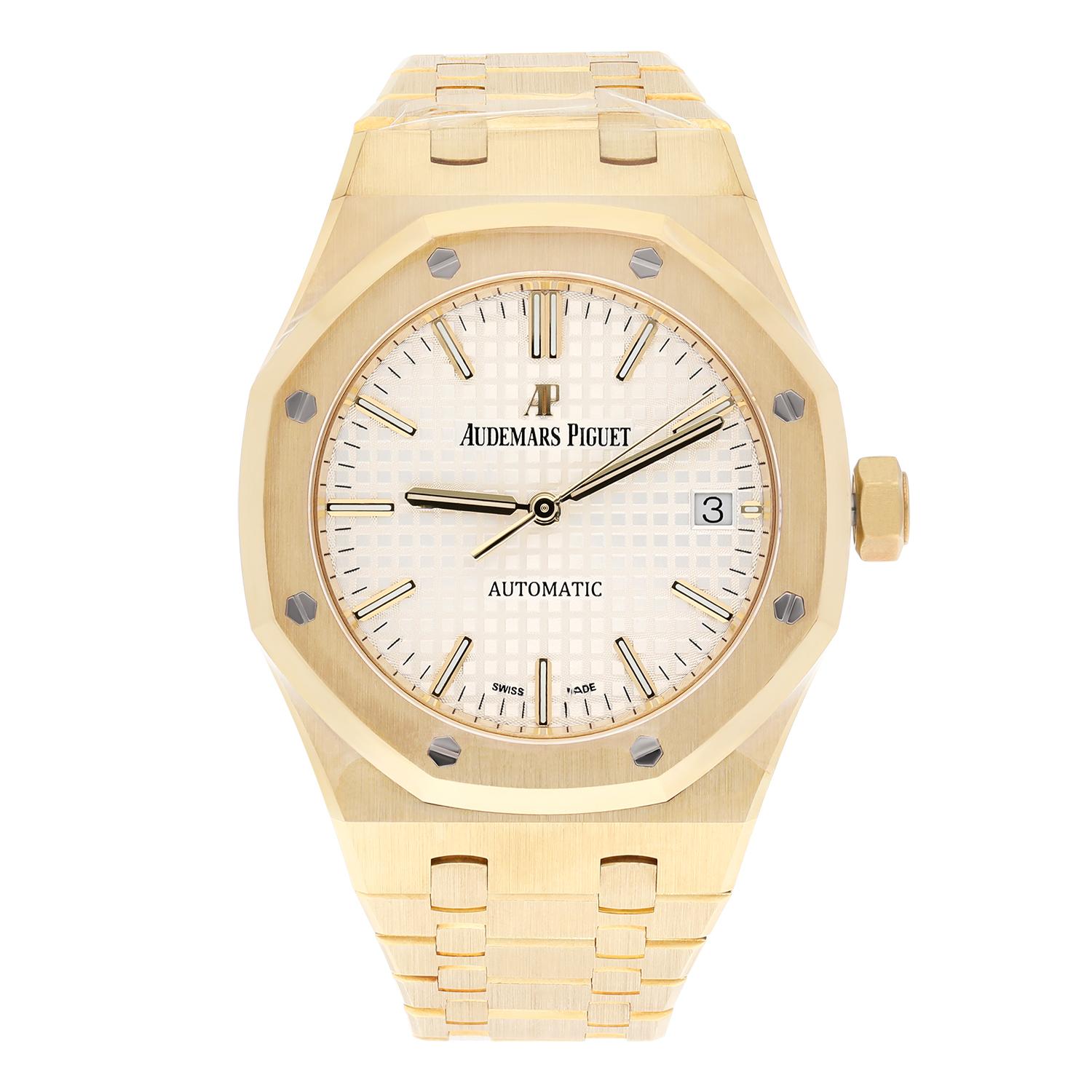 Audemars Piguet 15450BA.OO.1256BA.01 Royal Oak Selfwinding 37mm Silver Index Yellow Gold Watch, New (Old Stock), factory plastic protection intact, bracelet has couple very minor scuffs due to the store display. Comes complete with original box and