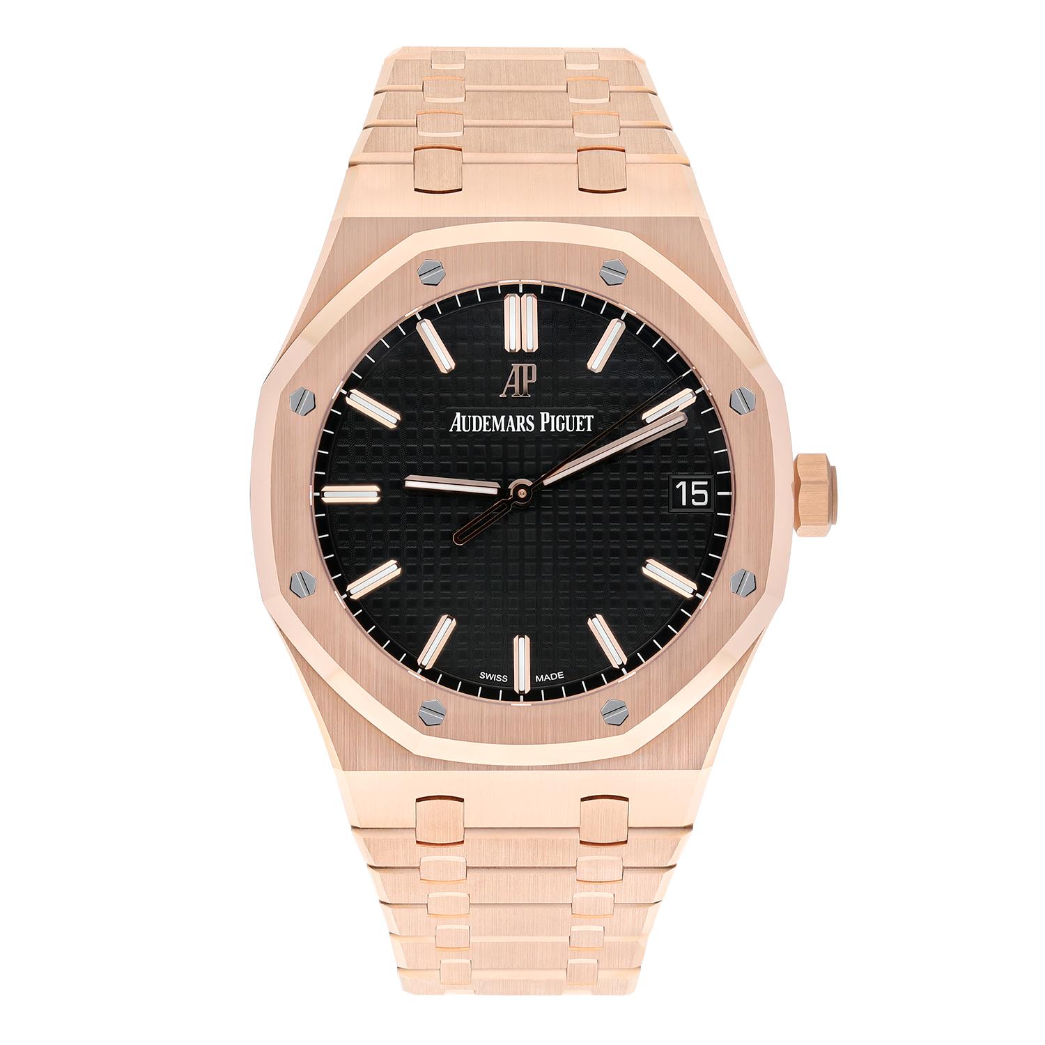 Introducing the Audemars Piguet Royal Oak Watch (Model: 15500OR.OO.1220OR.01) – a luxurious and new timepiece that exudes sophistication. Adorned with a rose gold case, the watch features a striking black dial embellished with rose gold indexes,