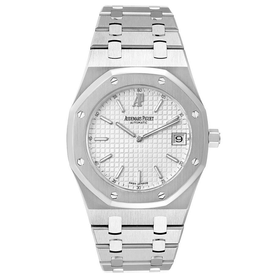 Audemars Piguet Royal Oak White Dial Steel Mens Watch 15202ST. Automatic self-winding movement. 18K yellow gold hexagonal case 39 mm in diameter. Exhibition sapphire crystal case back. Stainless steel bezel punctuated with 8 signature screws.