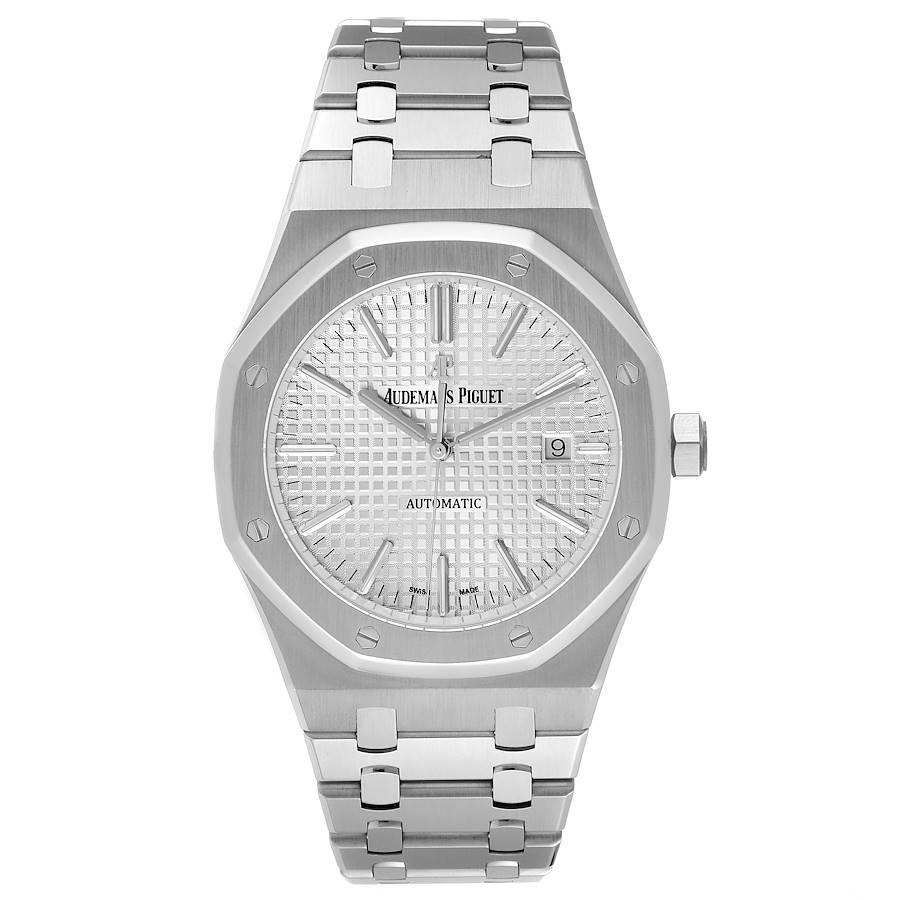 Audemars Piguet Royal Oak White Dial Steel Mens Watch 15400ST Box Card. Automatic self-winding movement. Stainless steel case 41.0 mm in diameter. Stainless steel bezel punctuated with 8 signature screws. Scratch resistant sapphire crystal. White