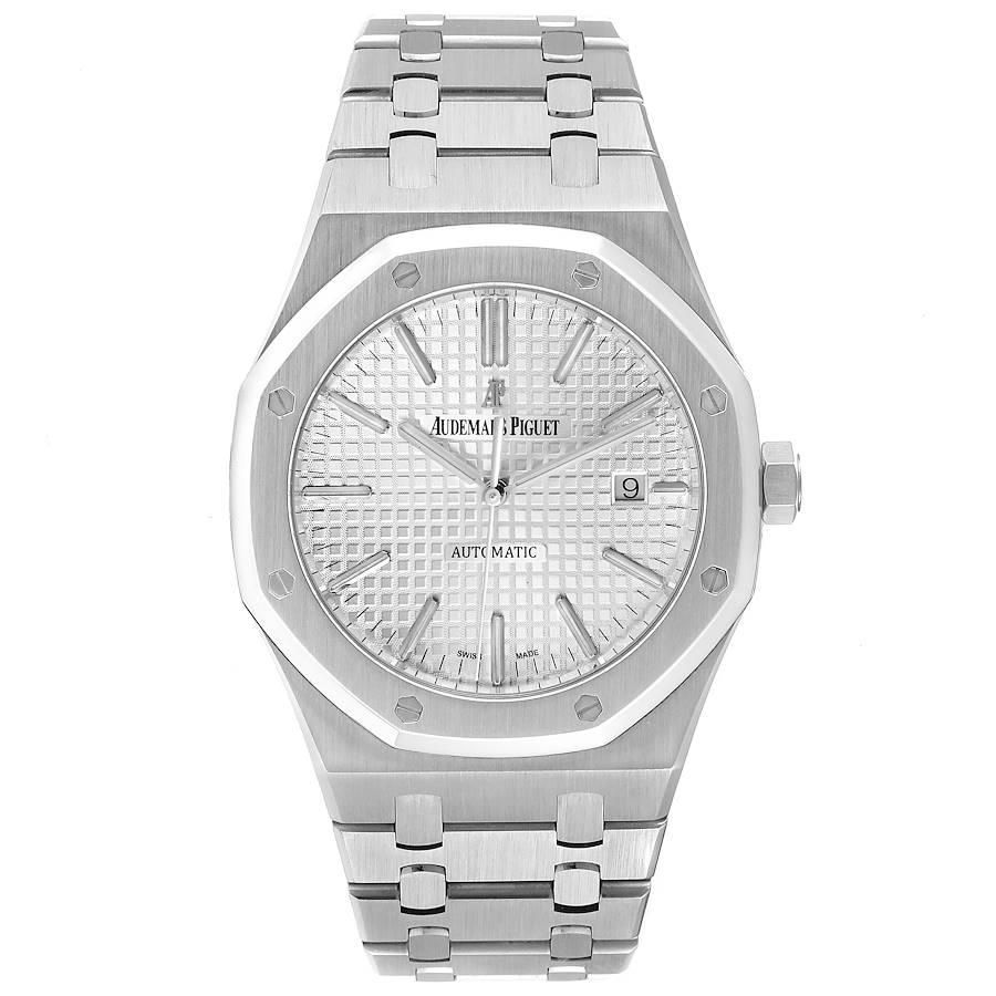 Audemars Piguet Royal Oak White Dial Steel Mens Watch 15400ST Box Papers. Automatic self-winding movement. Stainless steel case 41.0 mm in diameter. Stainless steel bezel punctuated with 8 signature screws. Scratch resistant sapphire crystal. White