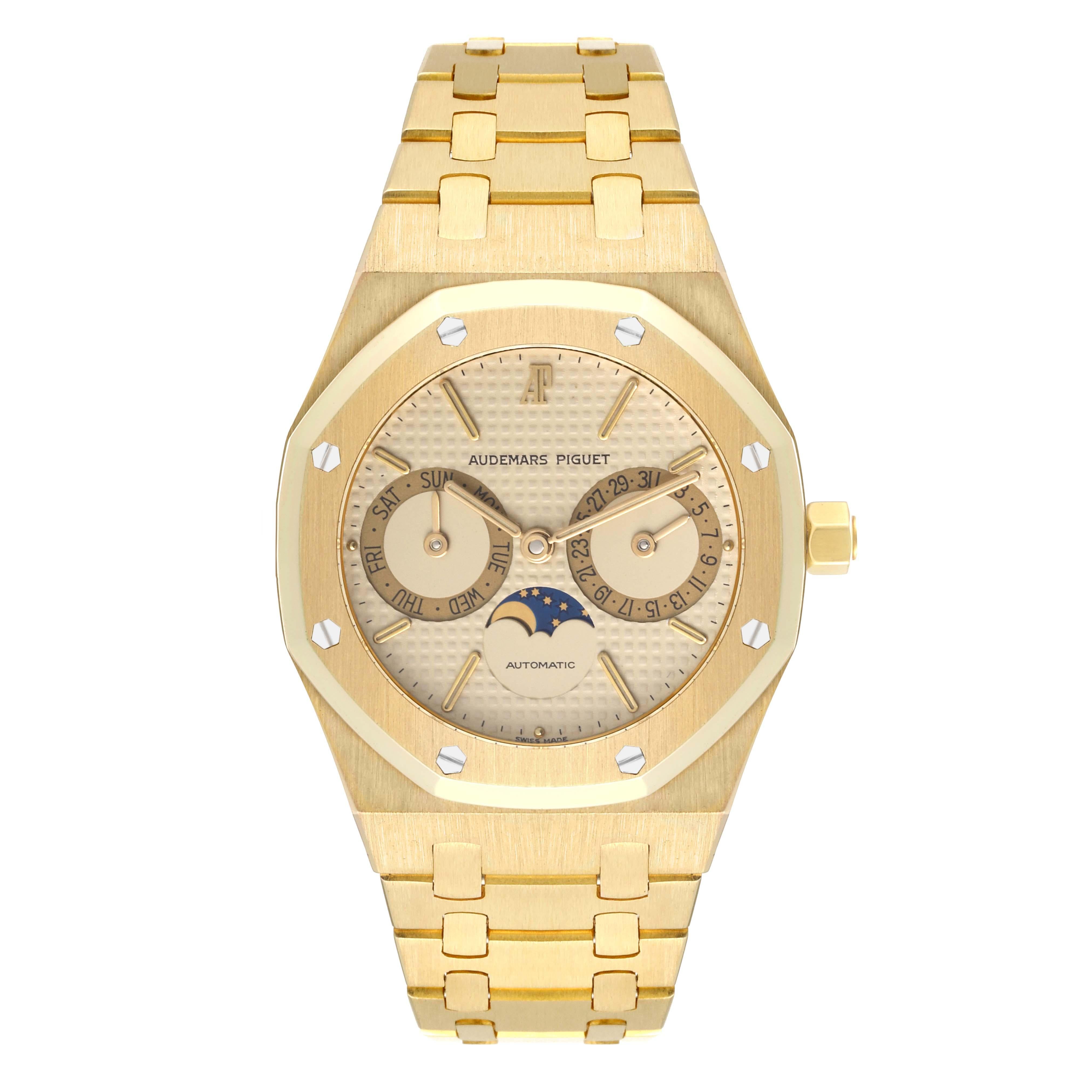 Audemars Piguet Royal Oak Yellow Gold Day Date Moonphase Mens Watch 25594BA. Automatic self-winding movement. 18K yellow gold case 36.0 mm in diameter. 18K yellow gold bezel punctuated with 8 signature screws. Scratch resistant sapphire crystal.