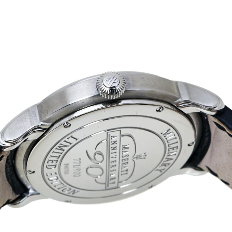 Offering high-class quality and sleek finish, this trendy Audemars Piguet Millenary wristwatch is a stylish piece of accessory. The silver dial with a stainless steel case and bezel pairs well with the black leather strap. Equipped with GMT time