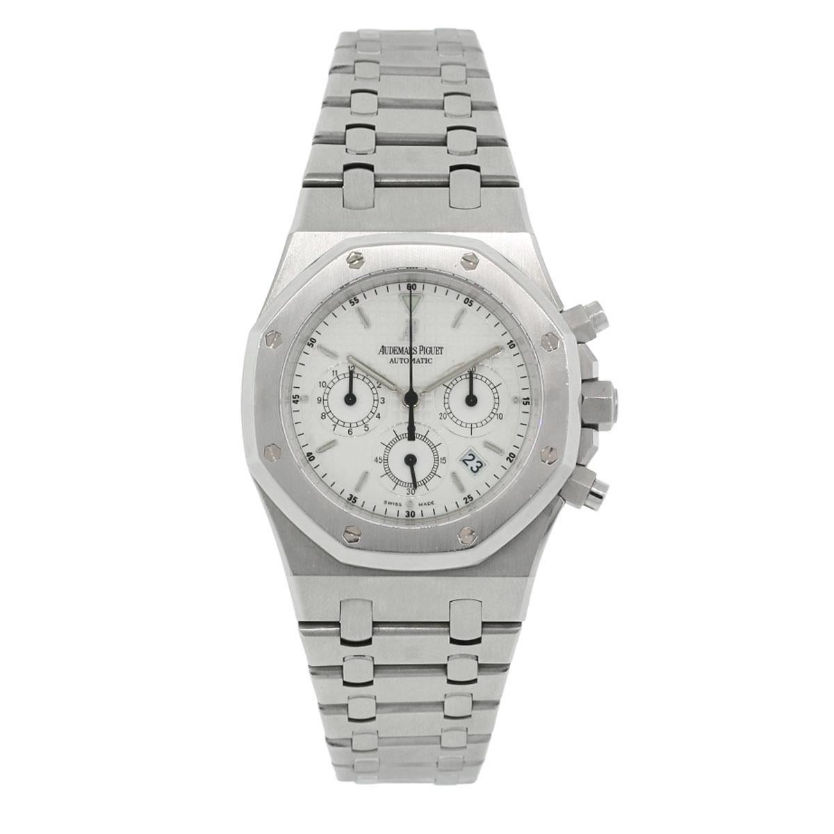 Brand: Audemars Piguet
MPN: 83013
Model: Royal Oak
Case Material: Stainless steel
Case Diameter: 39mm
Crystal: Sapphire
Bezel: Stainless steel
Dial: White “Grande Tapisserie” Chronograph dial with 3 sub dials
Bracelet: Stainless steel
Size: Will fit