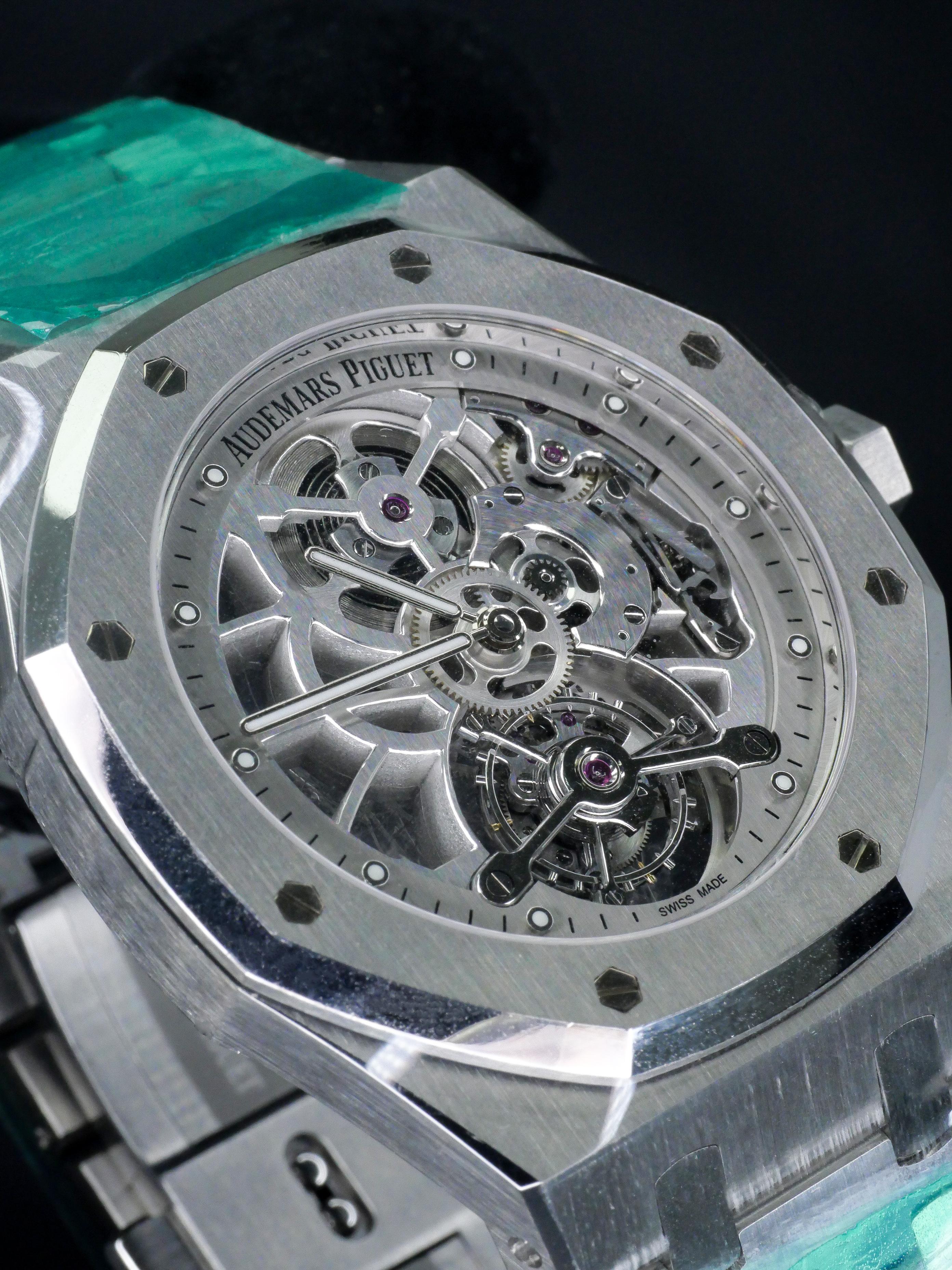 Audemars Piguet Royal Oak Tourbillon has a prestigious movement within an ultra-thin case 
A limited-edition showcase of haute horlogerie engineering and hand-finished aesthetics. The harmonious play of white rhodium tones sets it