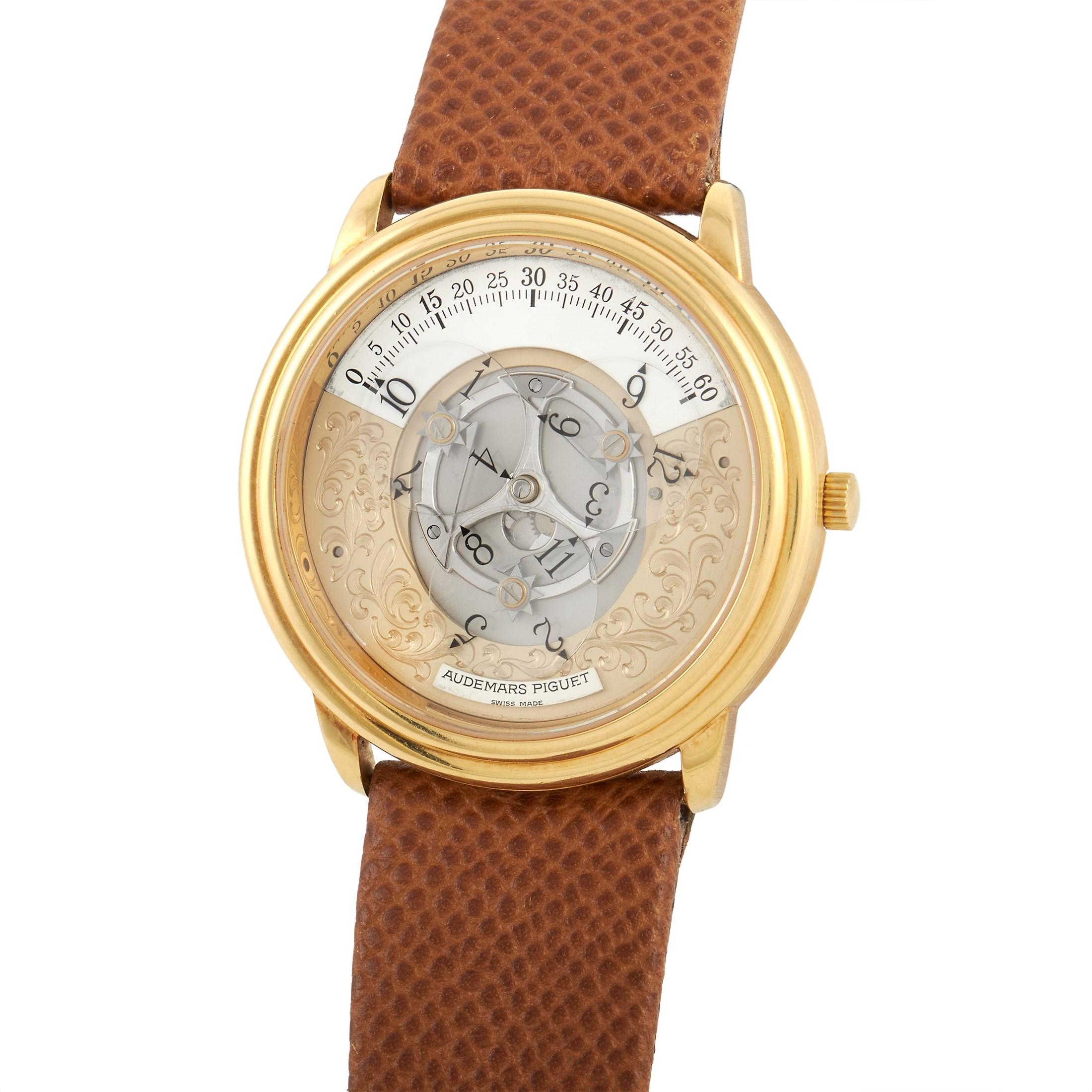 A whimsical yet luxurious timepiece that's sure to stand out among your collection. Designed with an unconventional yet elegant look, this watch features a yellow gold case housing a 