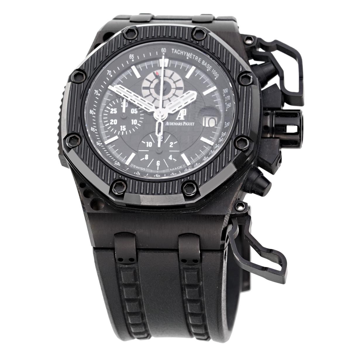 A limited edition of 1000 pieces Audemars Piguet Royal Oak Offshore Survivor in Black PVD Titanium with Black Ceramic Bezel on Black Rubber Strap with Black Dial 2616510.00.A002CA.01

Case: Black PVD Titanium 
Bezel: Black Ceramic 
Case Size: 42mm