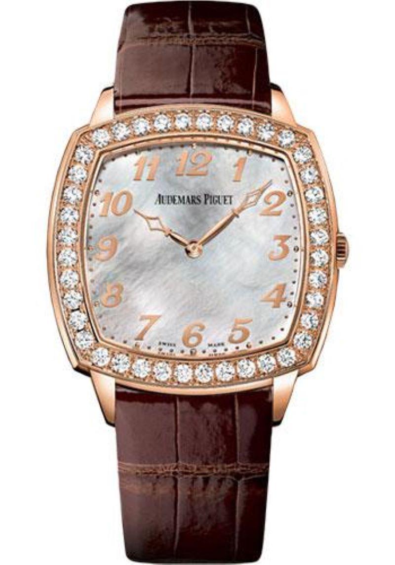 41mm 18K pink gold case, 7.97mm thick, sapphire back, 18K pink gold bezel set with gem-set, sapphire crystal with glare-proof, white mother-of-pearl dial with pink gold applied arabic numerals and hands, caliber 2120 self-winding movement with