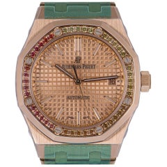 Audemars Piguet Unworn Royal Oak 18 Karat Rose Gold Orange Sapphire Bezel B&P