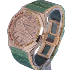 Audemars Piguet Unworn Royal Oak 18 Karat Rose Gold Orange Sapphire Bezel B&P