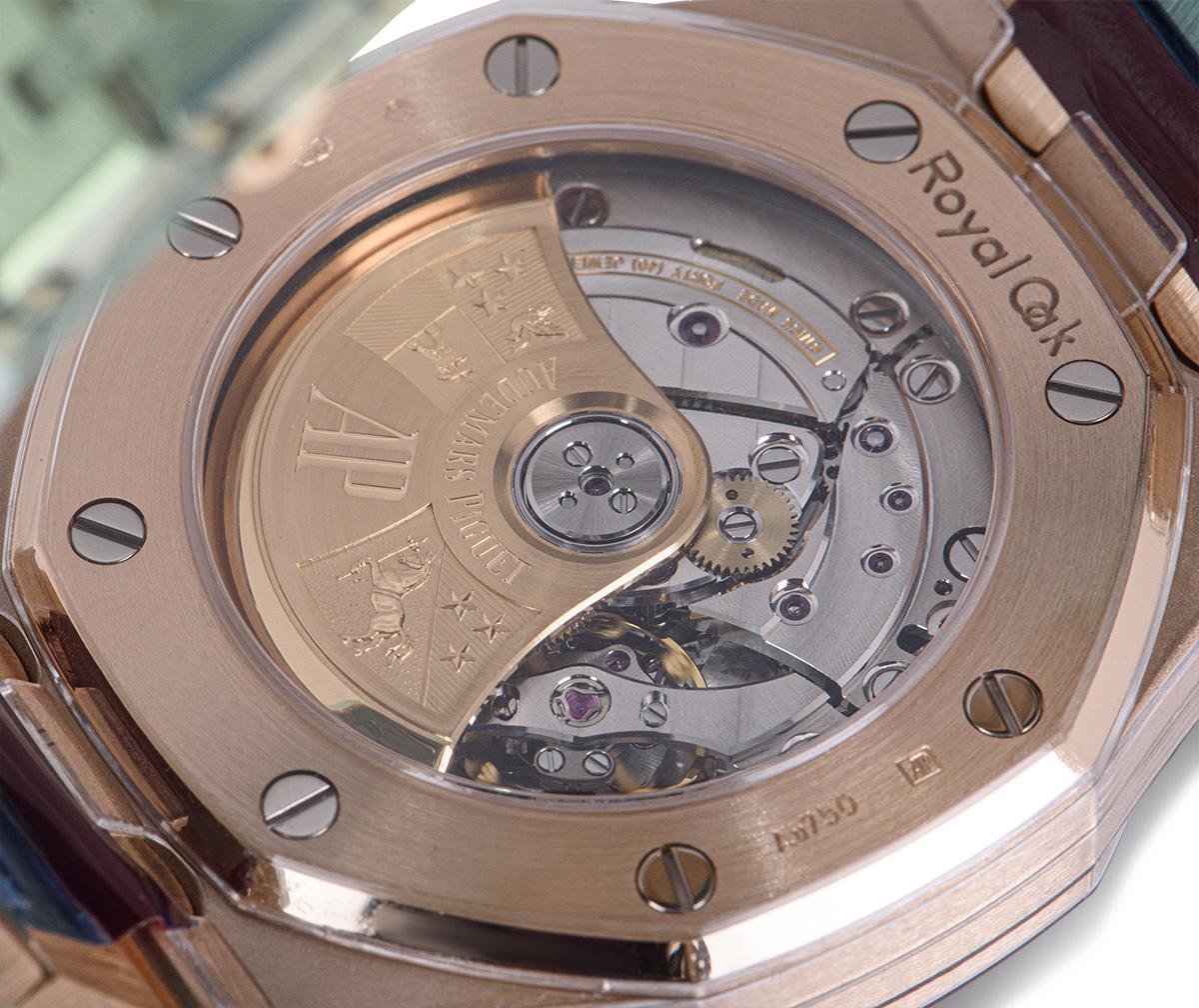 Audemars Piguet Unworn Royal Oak 18 Karat Rose Gold Orange Sapphire Bezel B&P In New Condition In London, GB