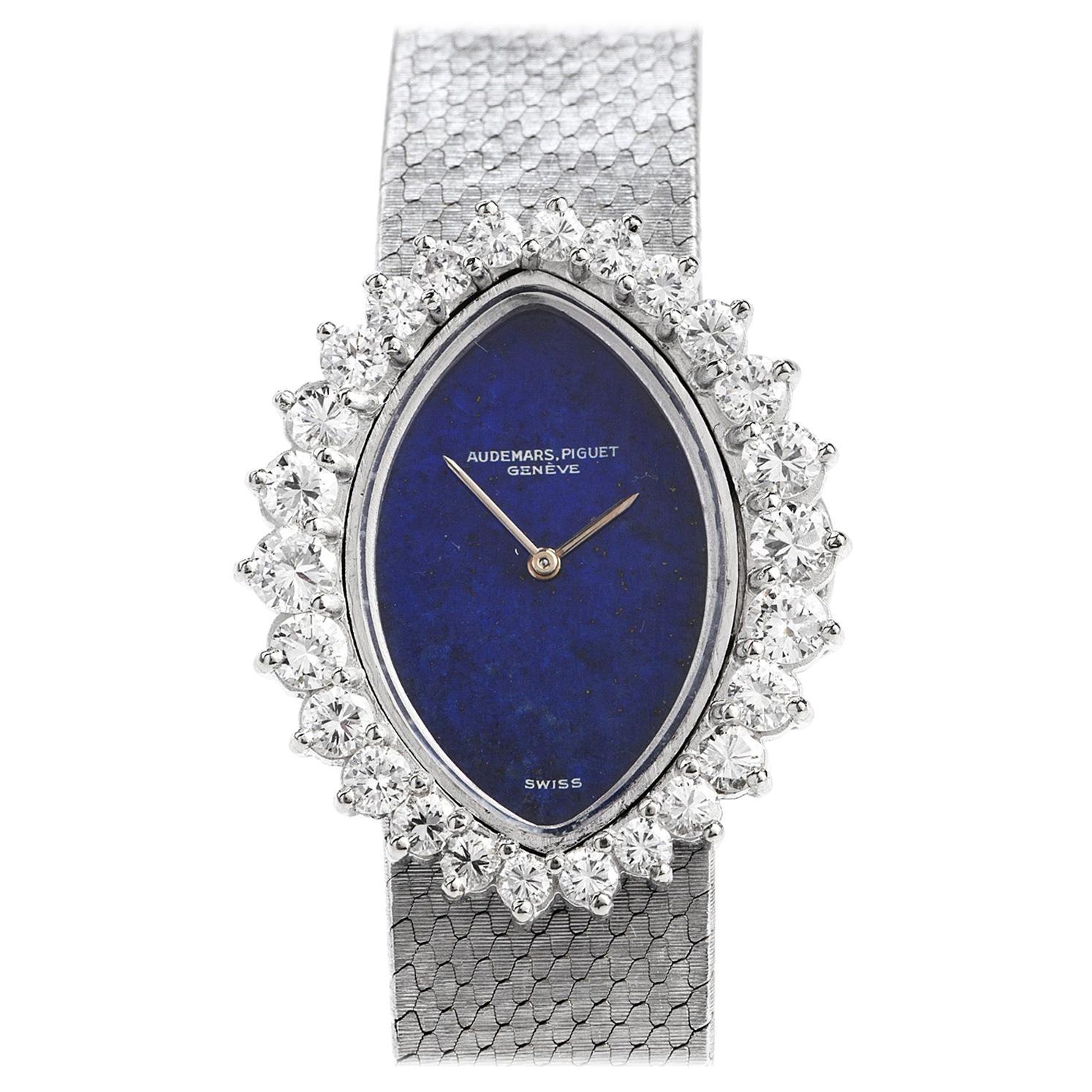 Audemars Piguet Vintage Diamond LAPIS 18 Karat White Gold Ladies Watch