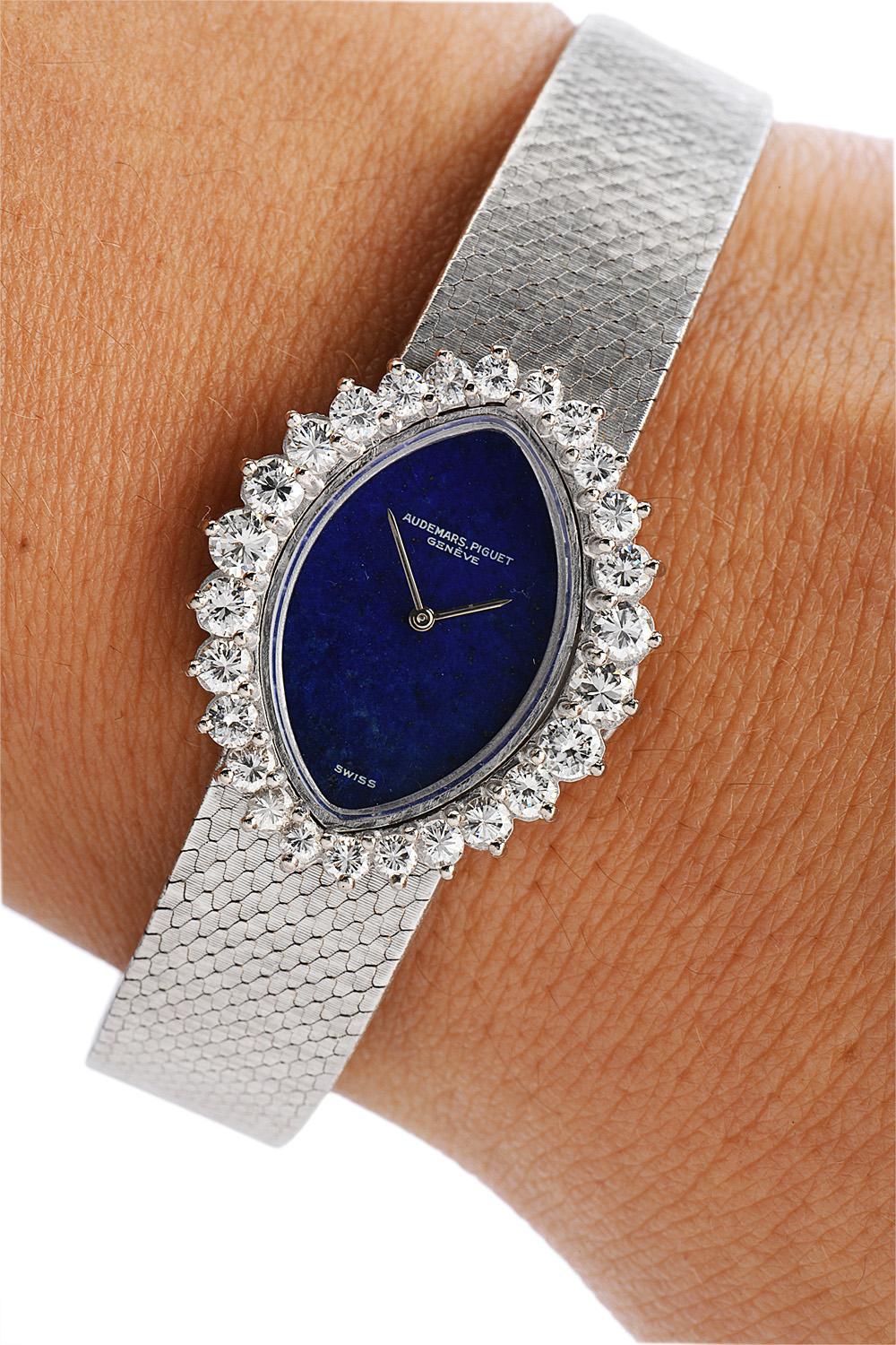 Retro Audemars Piguet Vintage Diamond LAPIS 18 Karat White Gold Ladies Watch