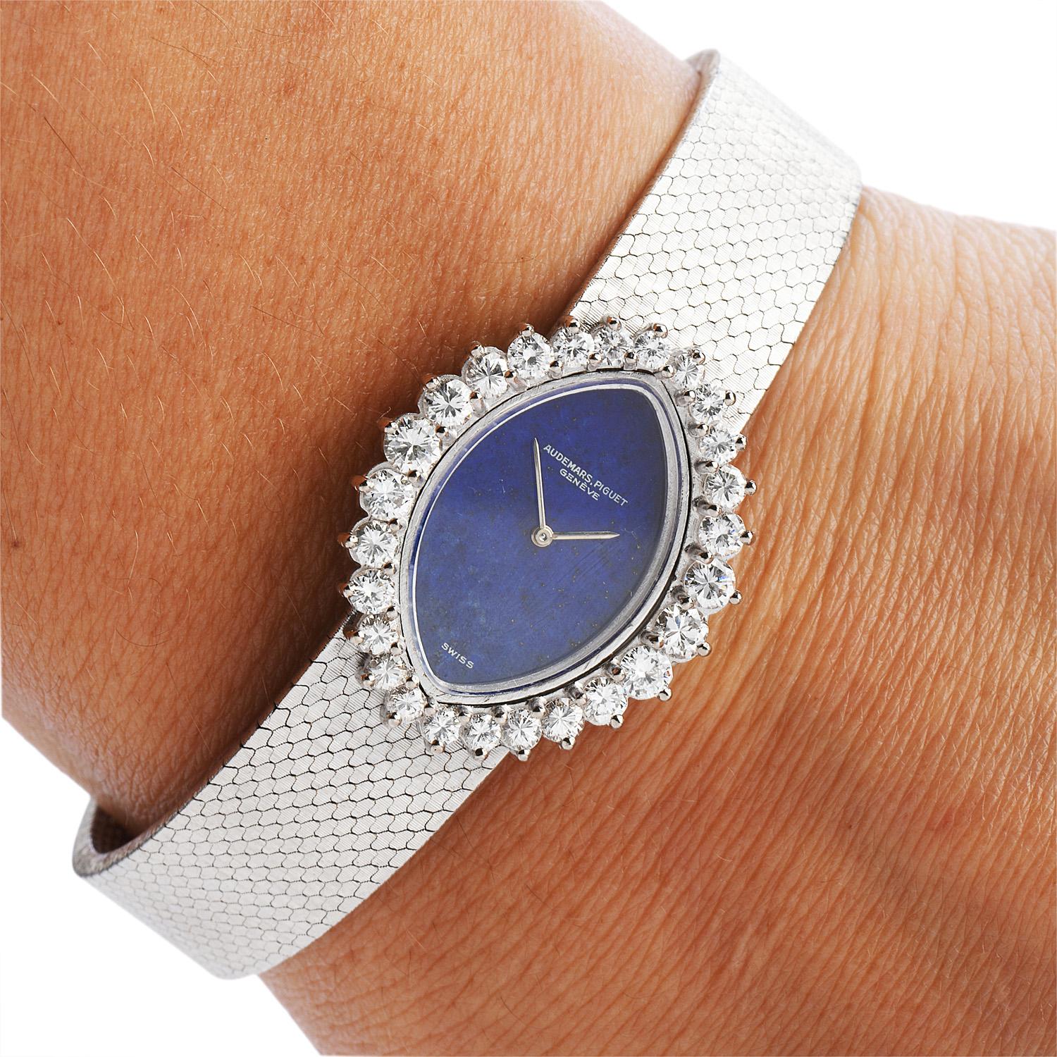 Round Cut Audemars Piguet Vintage Diamond LAPIS 18 Karat White Gold Ladies Watch