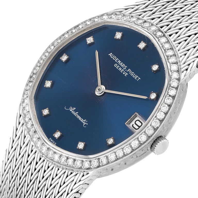 Audemars Piguet White Gold Blue Dial Diamond Vintage Mens Watch For ...