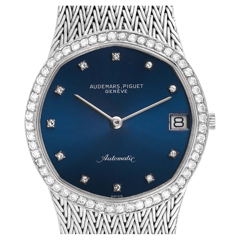 Audemars Piguet White Gold Blue Dial Diamond Vintage Mens Watch For ...