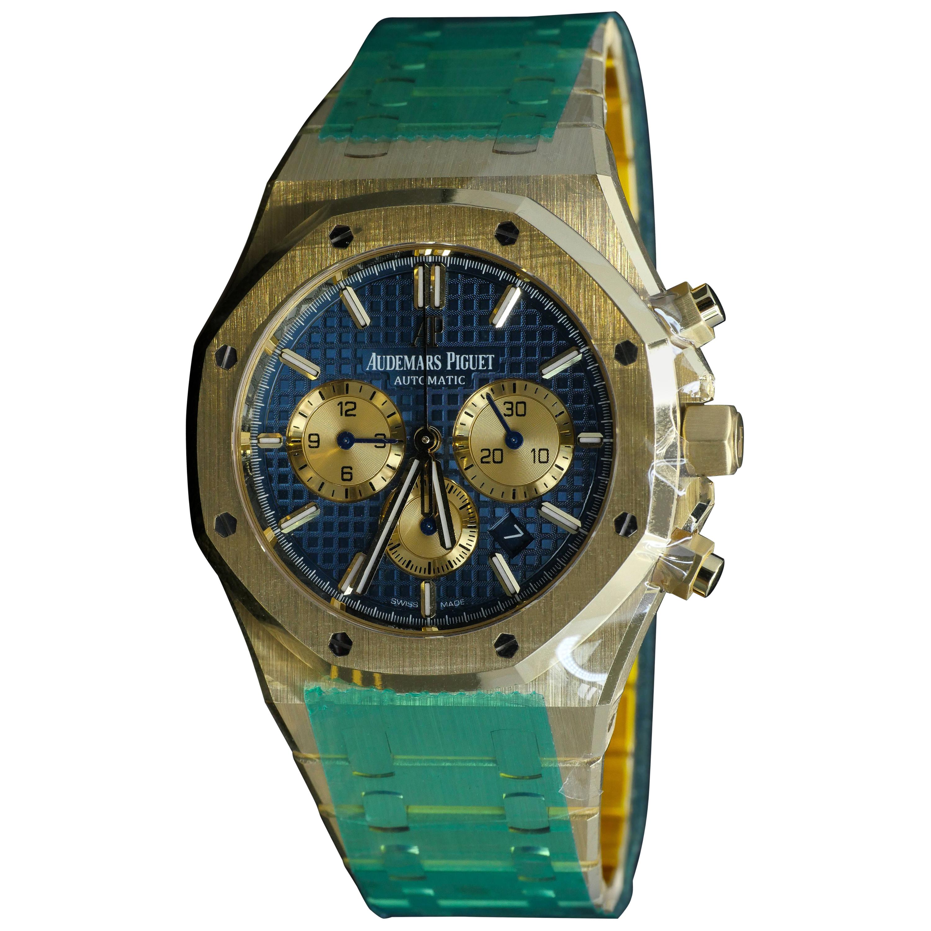 Audemars Piguet Yellow Gold Royal Oak Blue Dial Chronograph Automatic Wristwatch For Sale