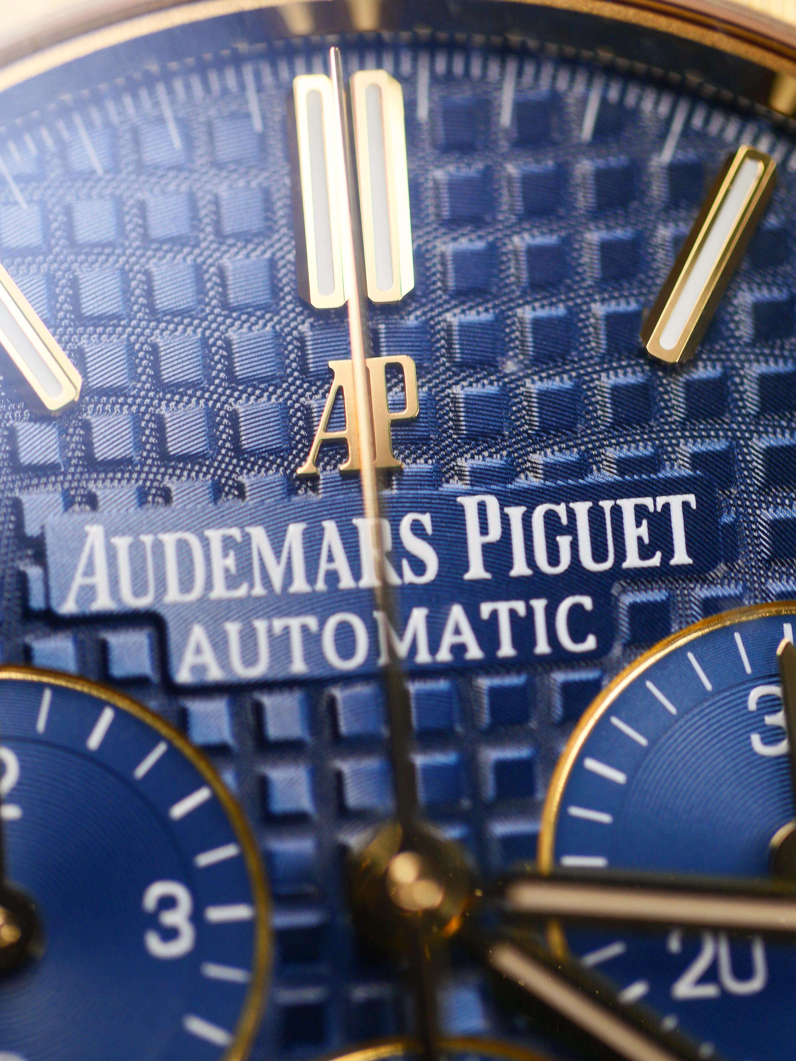 Audemars Piguet Royal Oak Chronograph

Case: 41mm 18K yellow gold case Sapphire Scratchproof Crystal 
Bracelet: 18K Yellow Gold Bracelet AP Folding Yellow Gold Clasp 
Calibre: Calibre 2385 Selfwinding Movement with Chronograph, Hours, Minutes,Ssmall