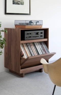Vinyl Record Storage Media Stand in Solid Natural Walnut