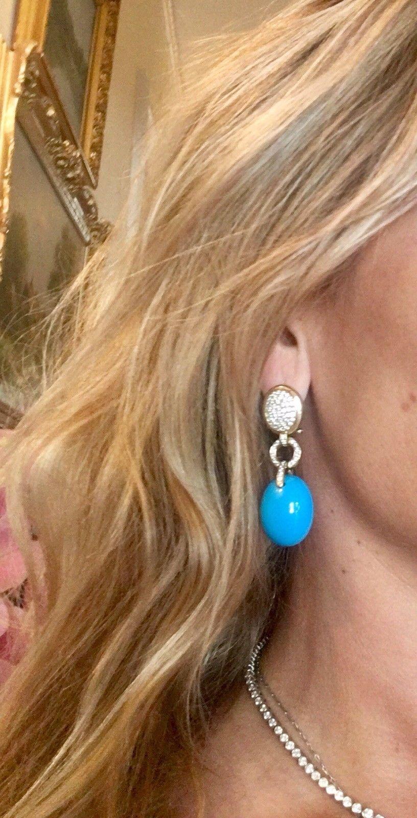 Women's Audmars Piguet 1.98 Carat VS Diamond Turquoise Cabochon Pendant Dangle Earrings