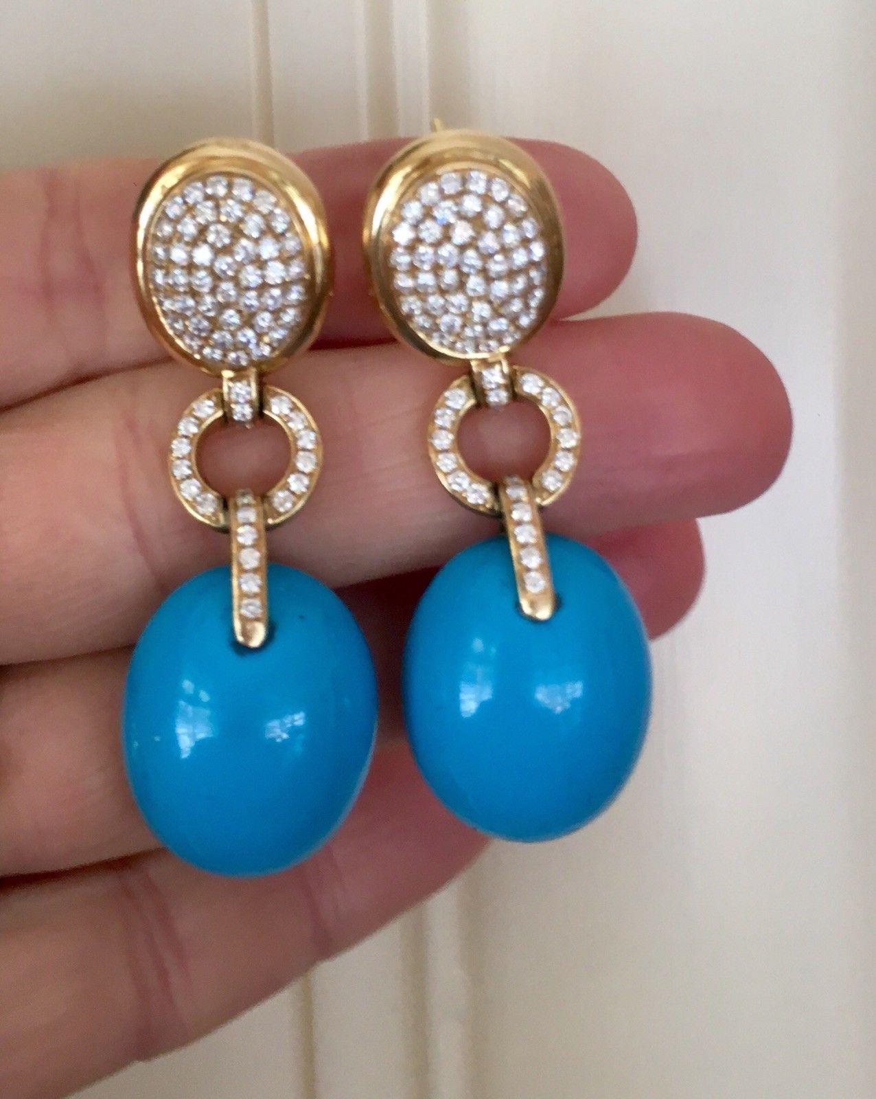 Audmars Piguet 1.98 Carat VS Diamond Turquoise Cabochon Pendant Dangle Earrings 1