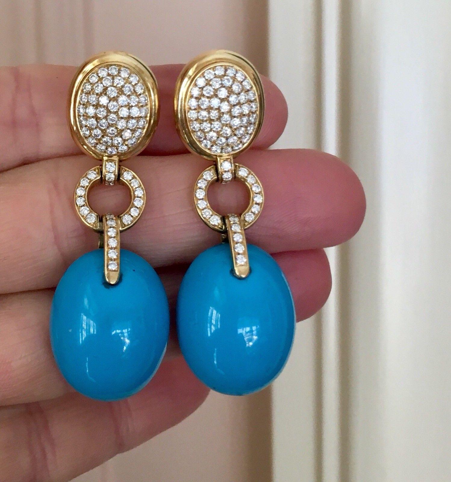Audmars Piguet 1.98 Carat VS Diamond Turquoise Cabochon Pendant Dangle Earrings 3