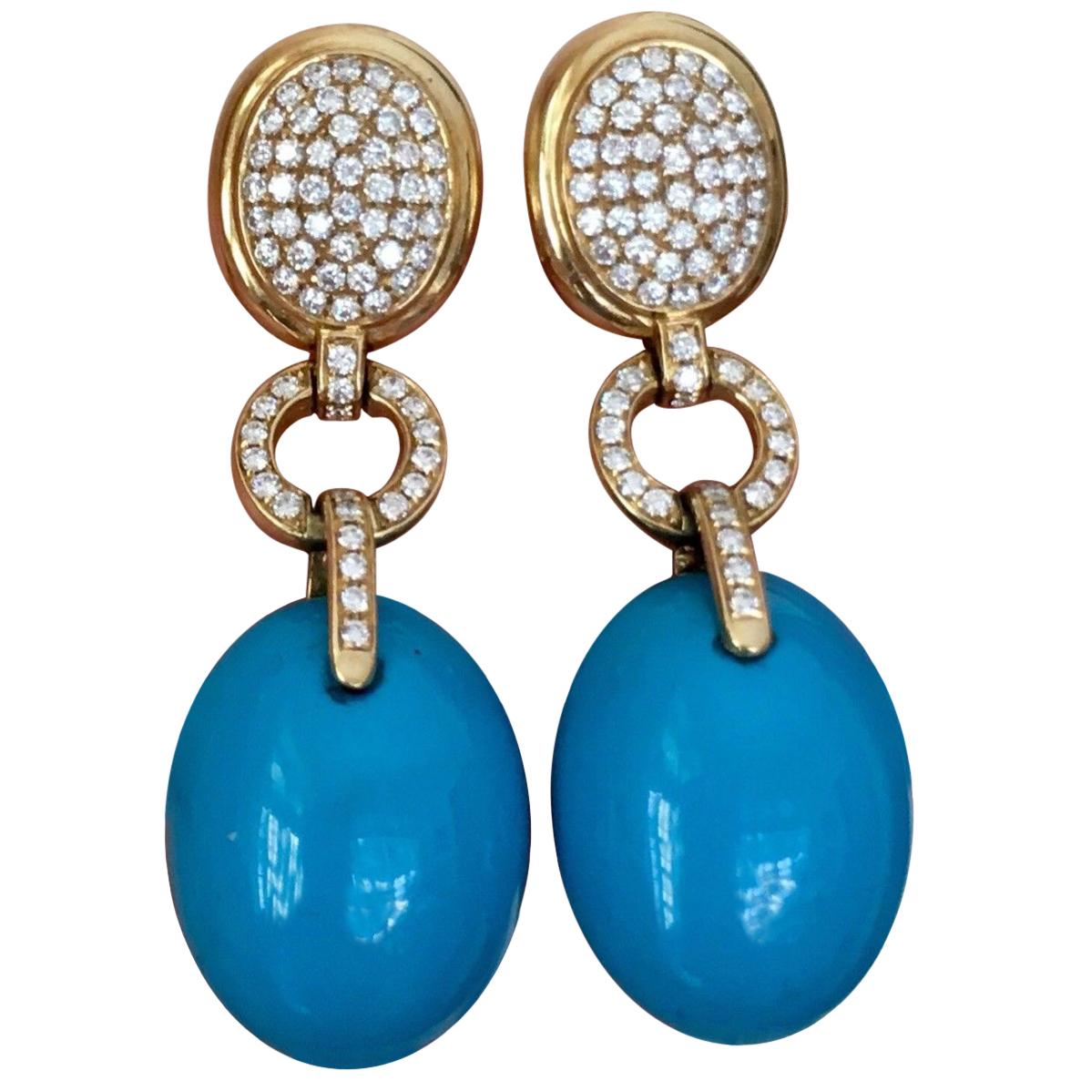 Audmars Piguet 1.98 Carat VS Diamond Turquoise Cabochon Pendant Dangle Earrings