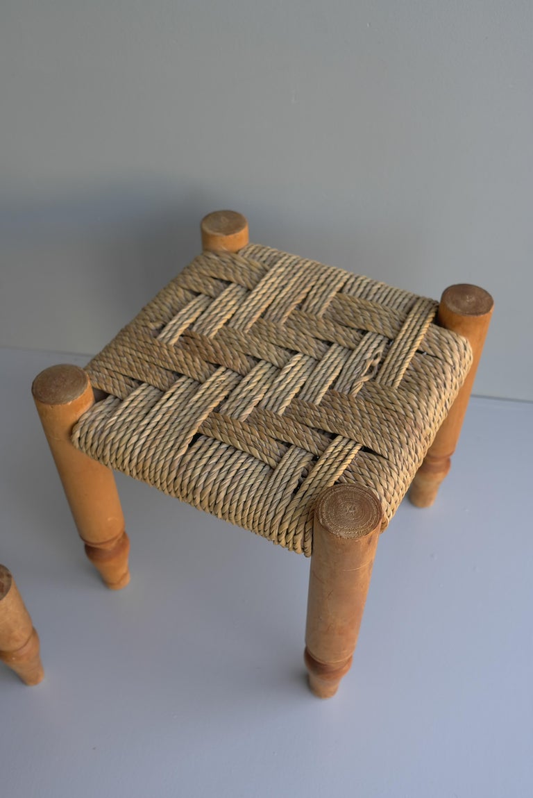 Audoux and Minet Mid-Century Wood and Rope Stools, France, 1960's at 1stDibs