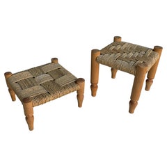 Audoux and Minet Mid-Century Wood and Rope Stools, France, 1960's