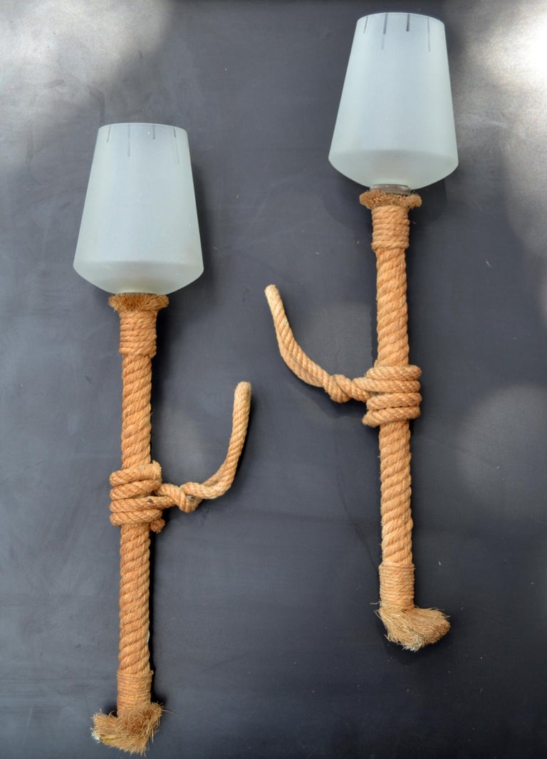 Audoux and Nautical Rope Sconce Frosted Glass Shades France, 1960