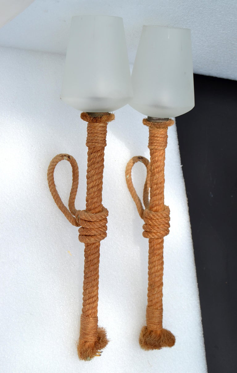 Audoux and Nautical Rope Sconce Frosted Glass Shades France, 1960