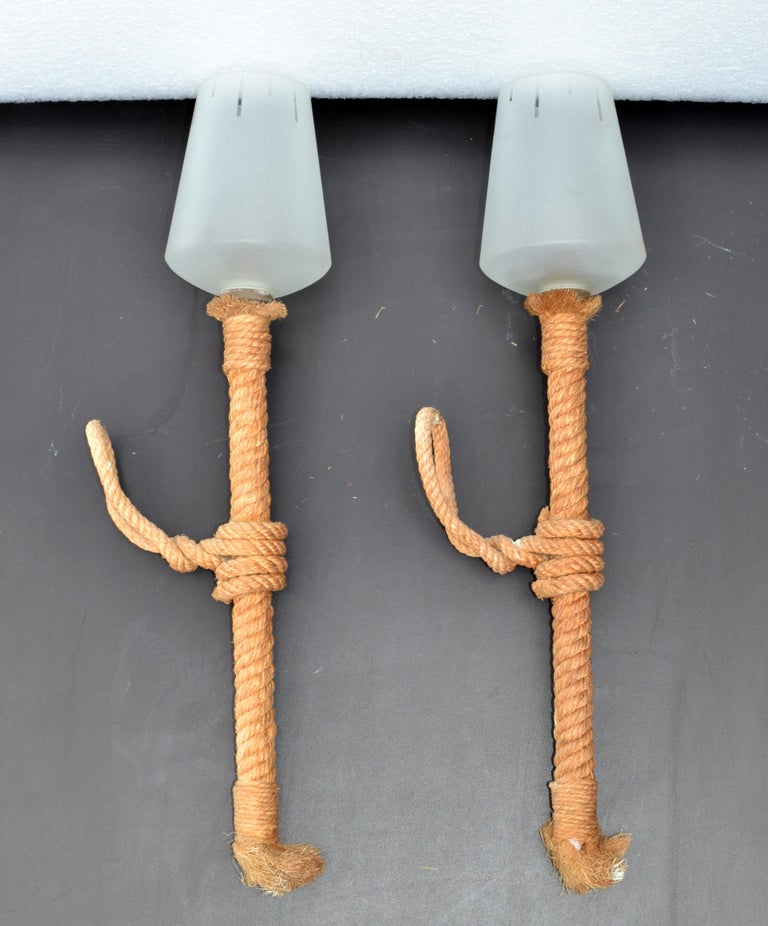 Audoux and Nautical Rope Sconce Frosted Glass Shades France, 1960