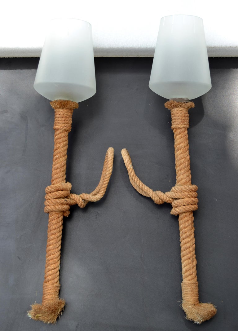 Audoux and Nautical Rope Sconce Frosted Glass Shades France, 1960