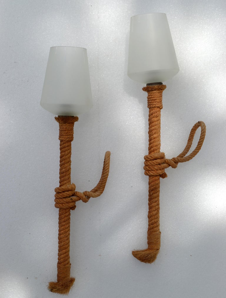 Audoux and Nautical Rope Sconce Frosted Glass Shades France, 1960