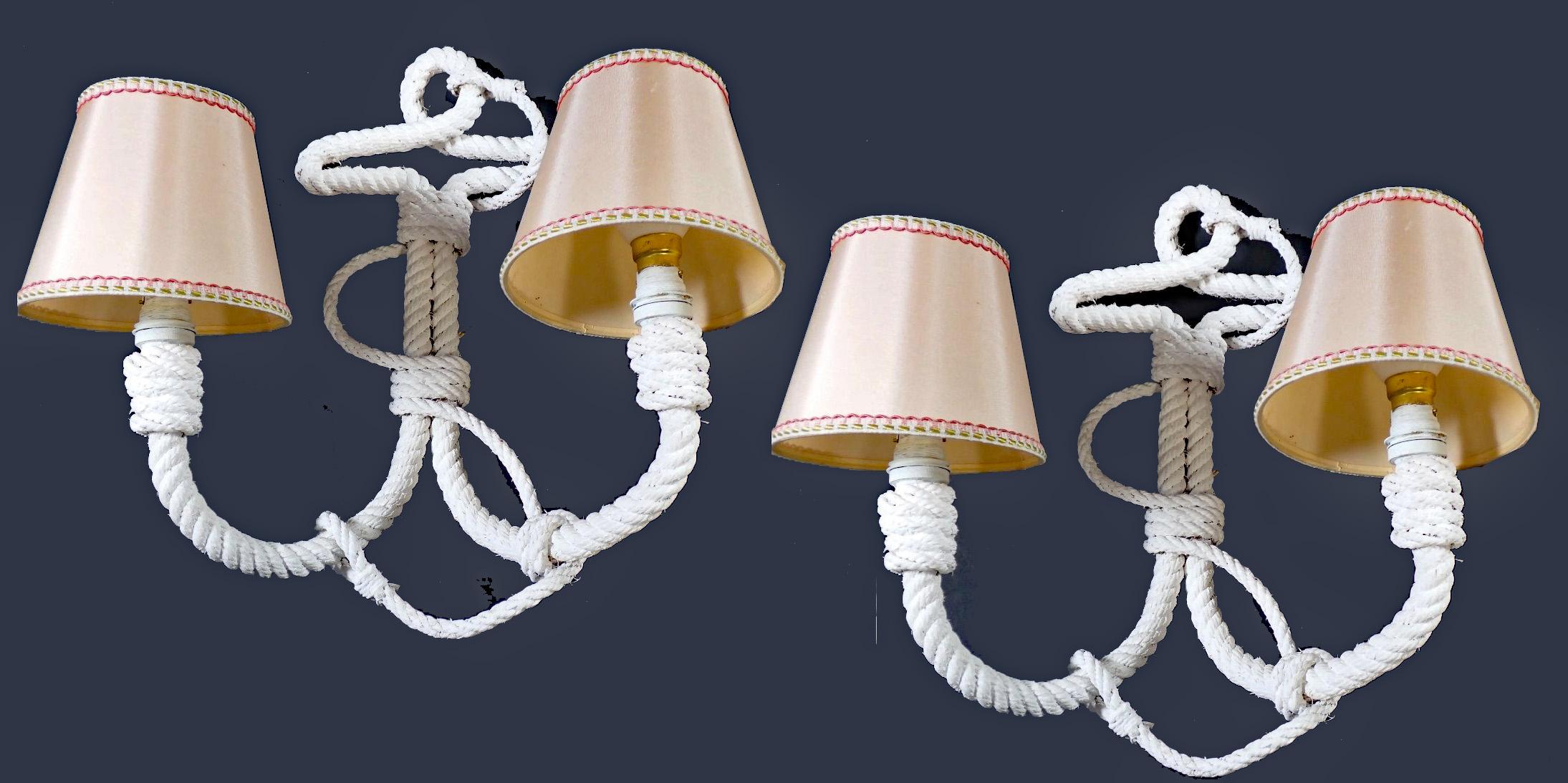 Francese Audoux Et Minet, Coppia di lampade in corda Circa 1950/1960 in vendita