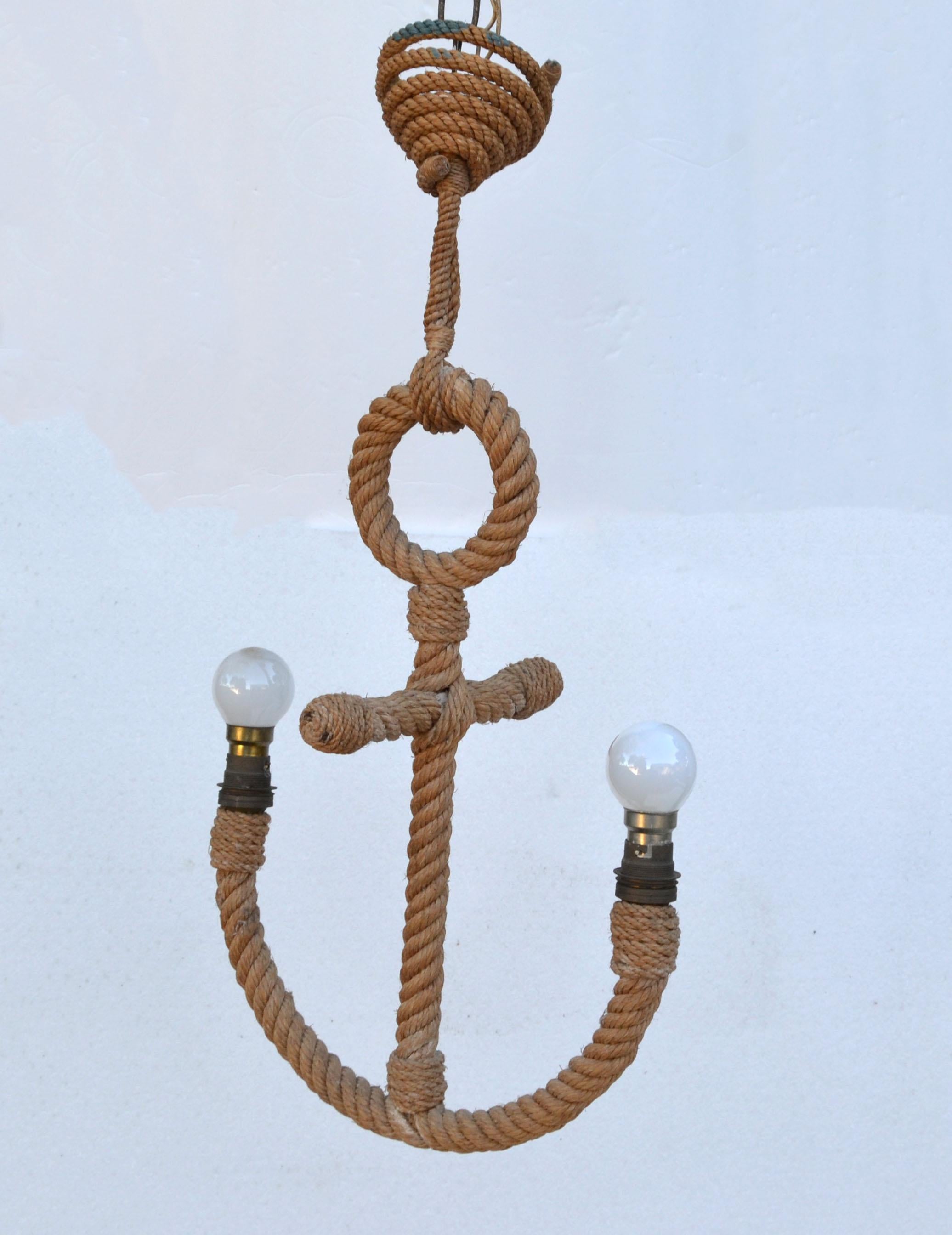 Mid-20th Century Audoux Minet 2-Light Handwoven French Rope Chandelier Nautical Anchor Design  For Sale