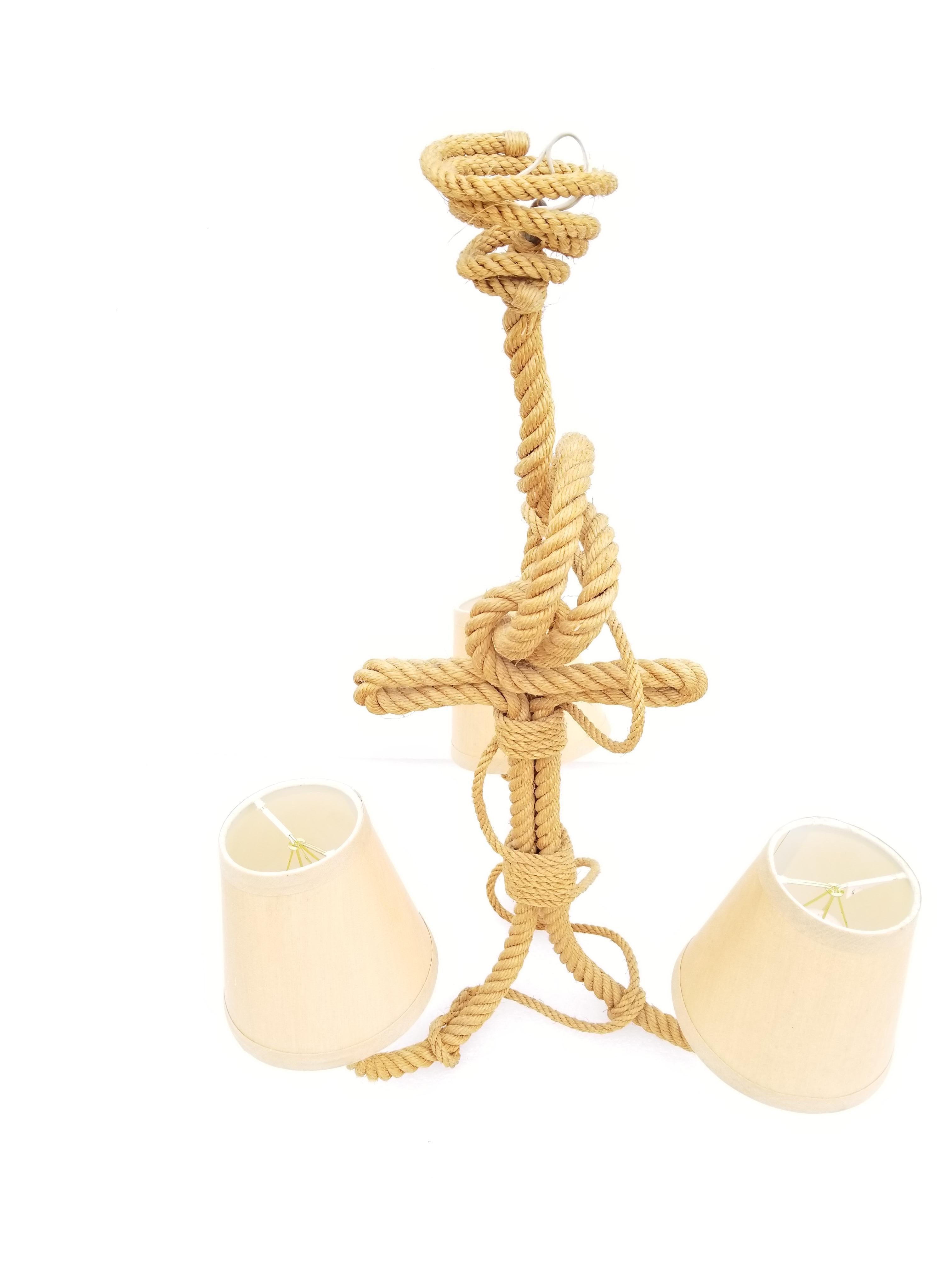 Audoux Minet 3-Light French Rope Chandelier In Good Condition For Sale In Miami, FL