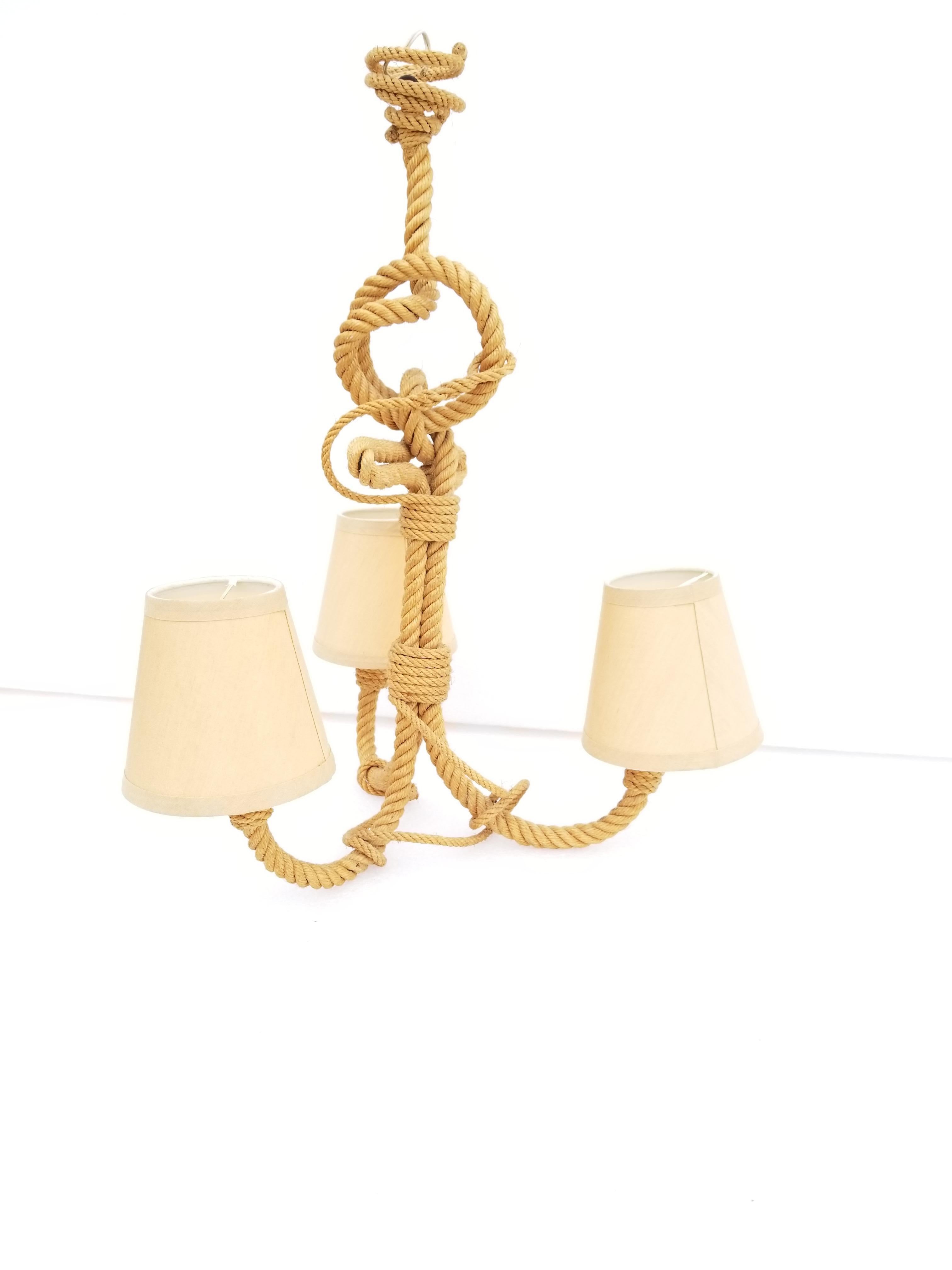 Mid-20th Century Audoux Minet 3-Light French Rope Chandelier For Sale