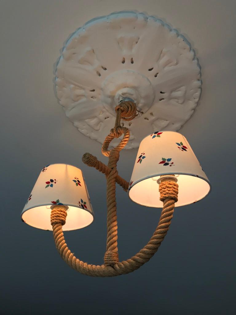 Mid-20th Century Audoux-Minet Anchor Shaped Rope Chandelier with Lampshades, France, 1960s