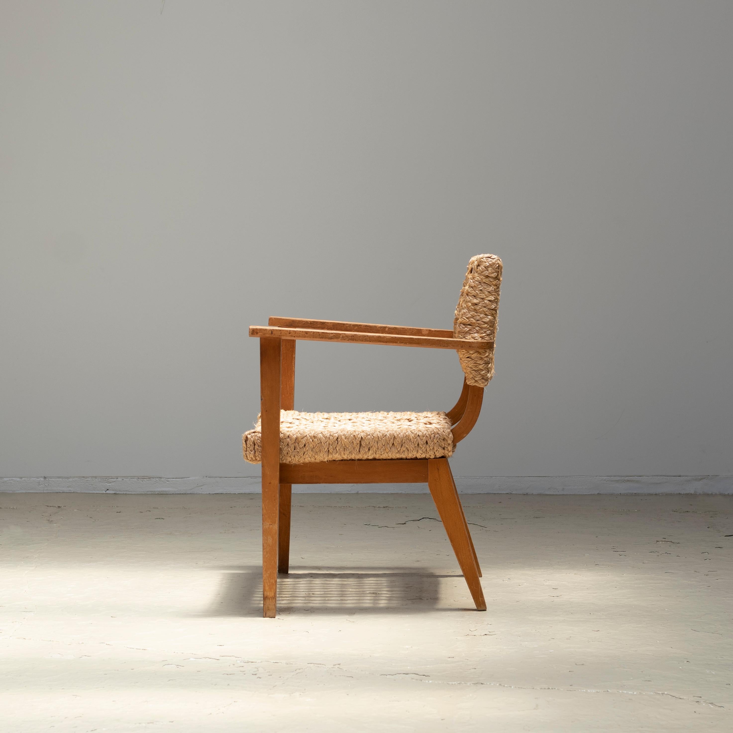 French Audoux Minet Armchair, Beech & Woven Rope, 1950s For Sale