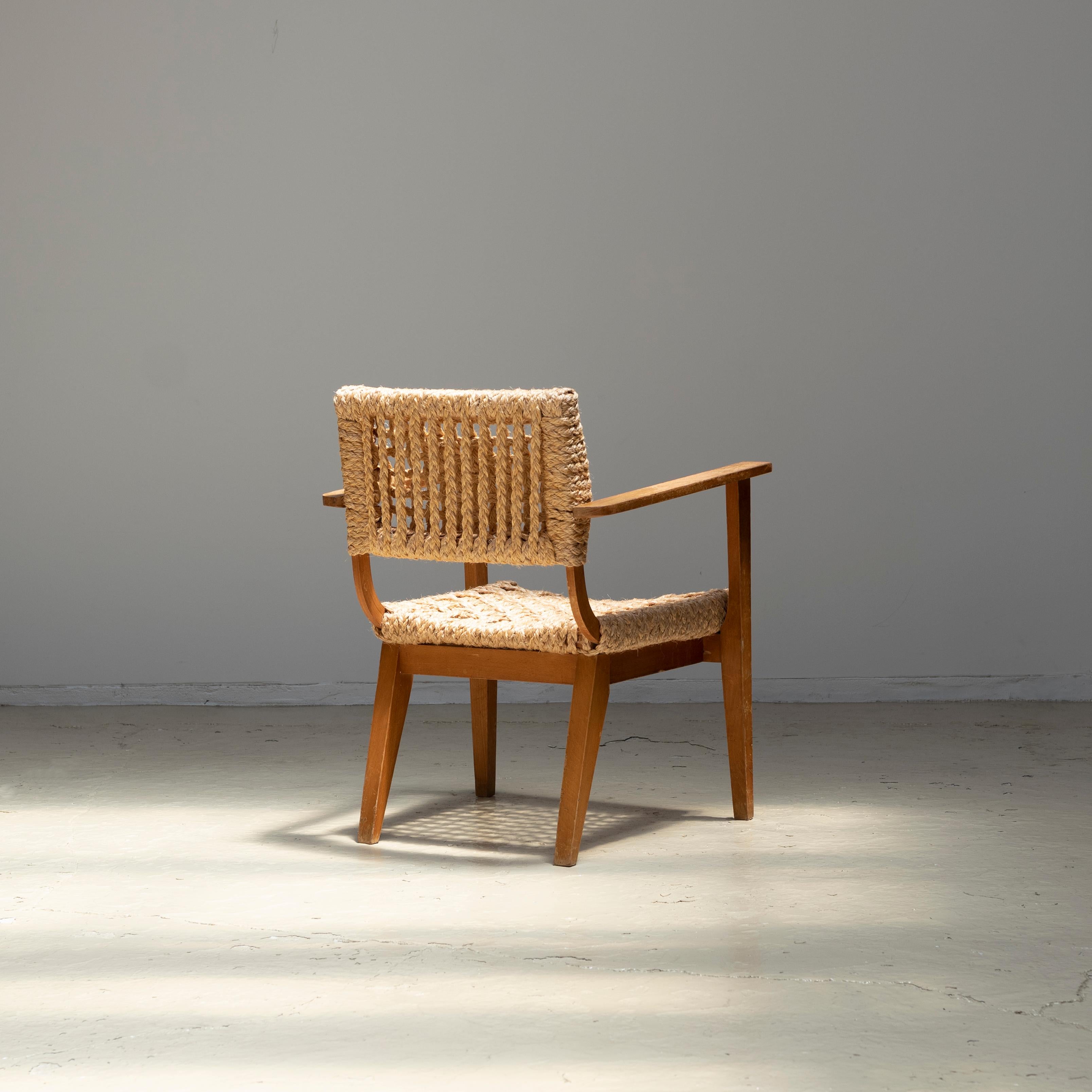 Audoux Minet Armchair, Beech & Woven Rope, 1950s In Good Condition For Sale In Edogawa-ku Tokyo, JP
