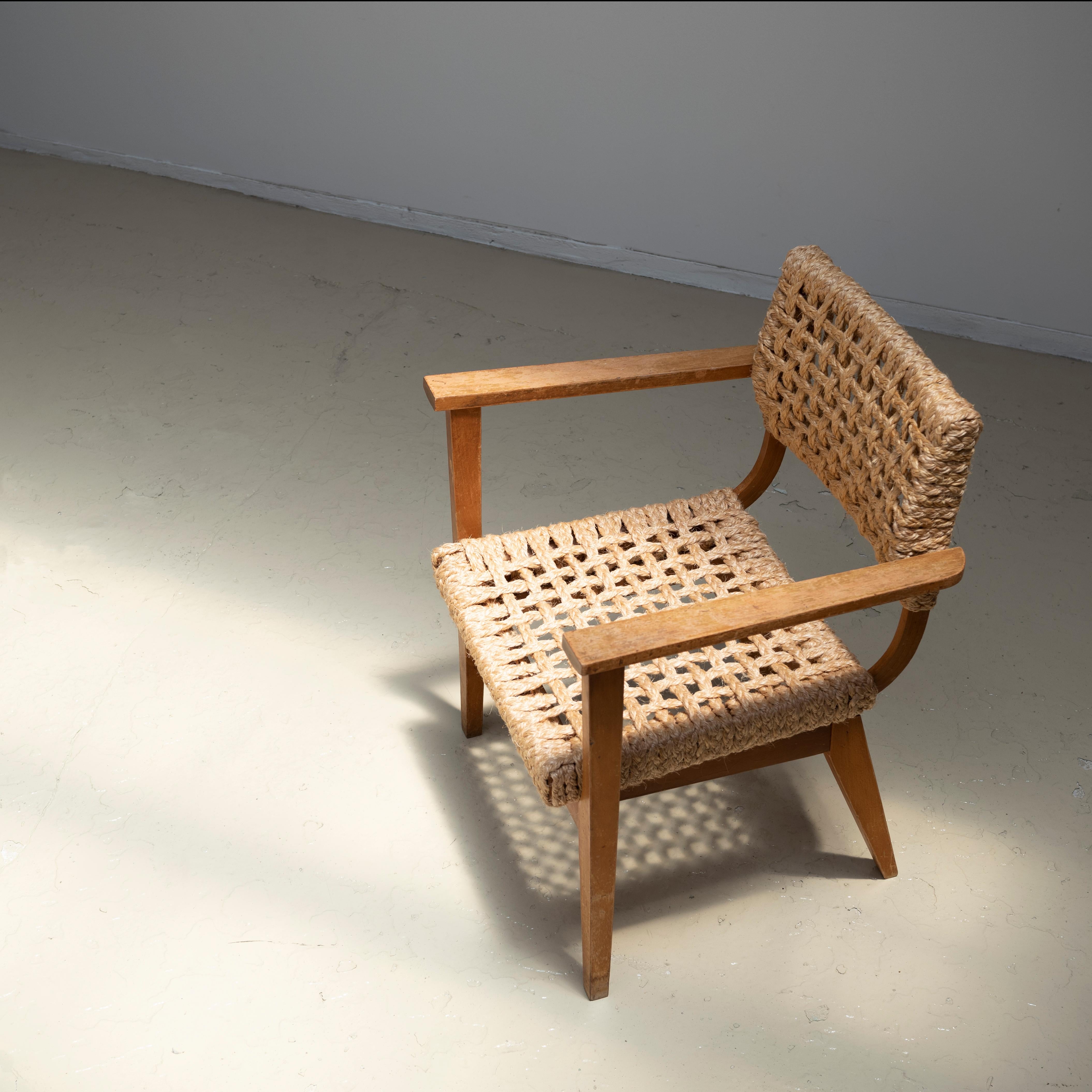 Mid-20th Century Audoux Minet Armchair, Beech & Woven Rope, 1950s For Sale